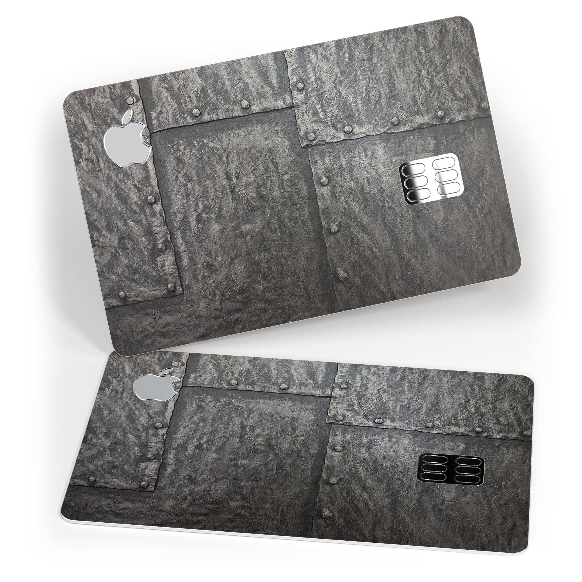 Bolted Steel Plates skin kit for Apple Card, showcasing premium vinyl design with ultra-gloss and soft-matte finish options.