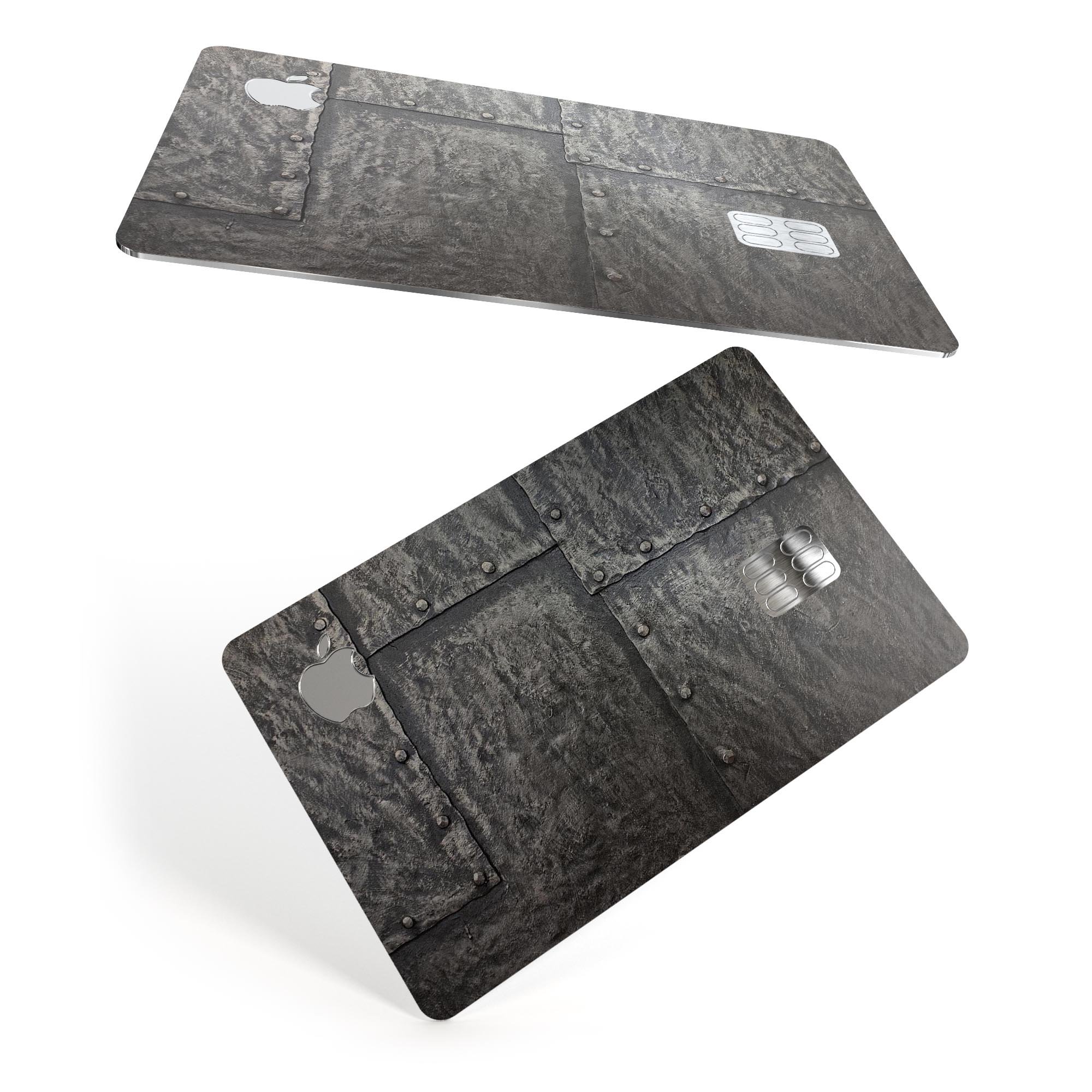 Bolted Steel Plates skin kit for Apple Card, showcasing premium vinyl design with ultra-gloss and soft-matte finish options.