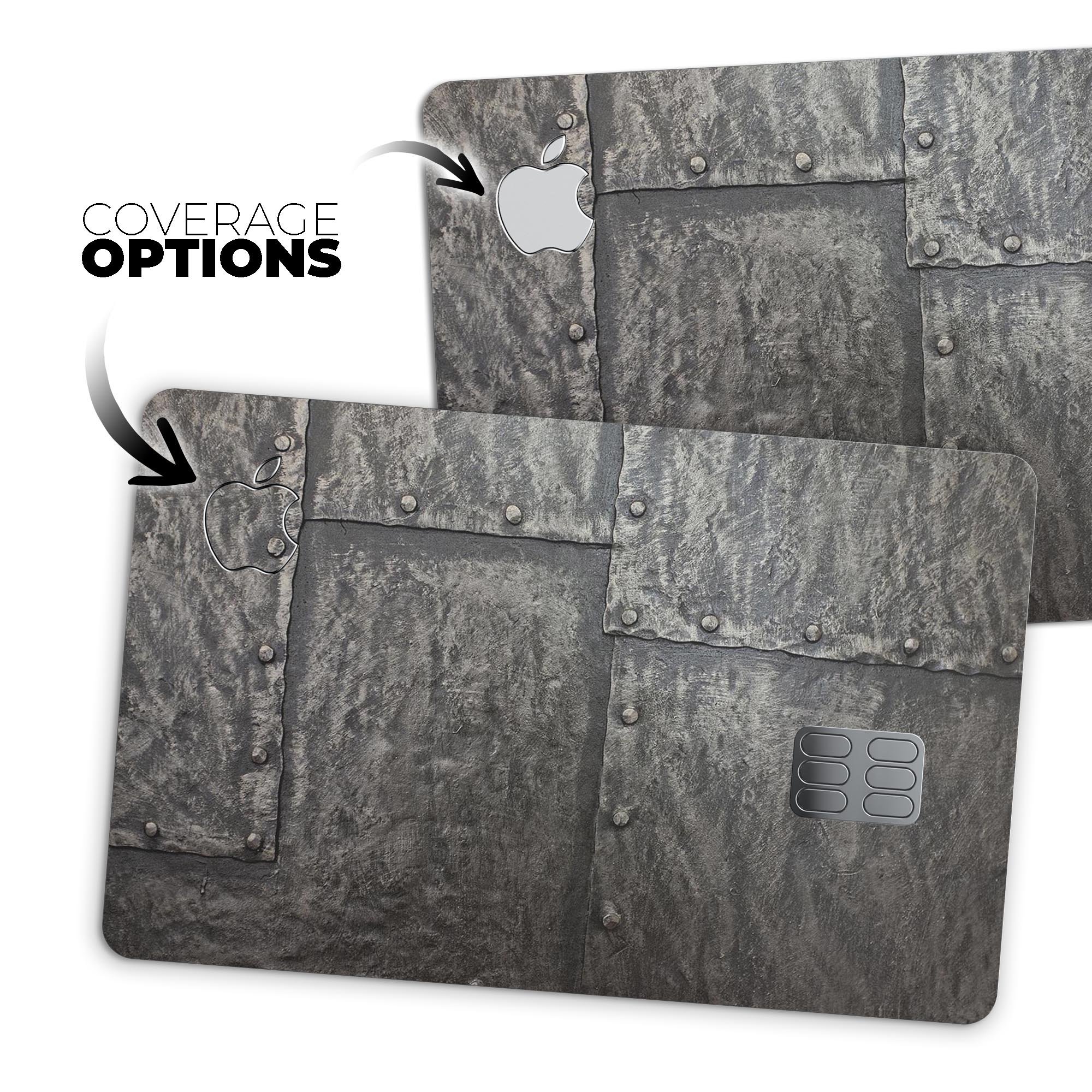 Bolted Steel Plates skin kit for Apple Card, showcasing premium vinyl design with ultra-gloss and soft-matte finish options.