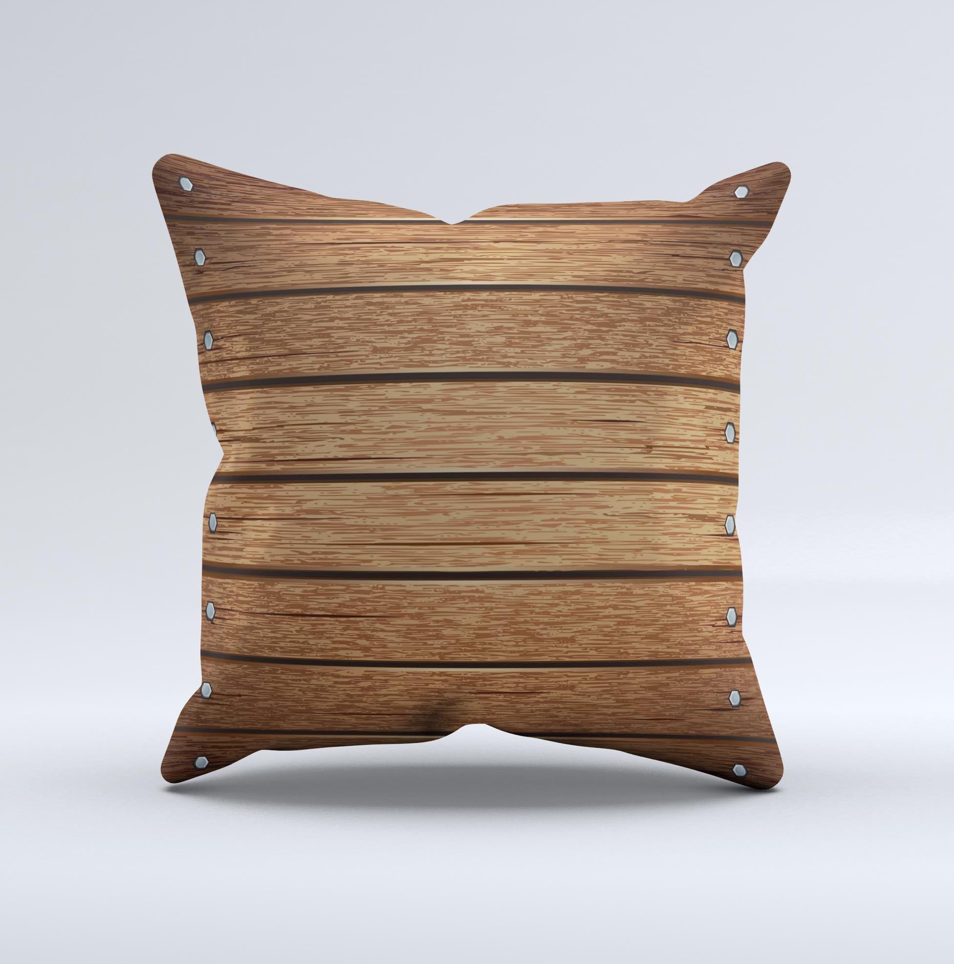 Bolted Wood Planks Ink-Fuzed Decorative Throw Pillow showcasing unique handcrafted design with high thread count covering.