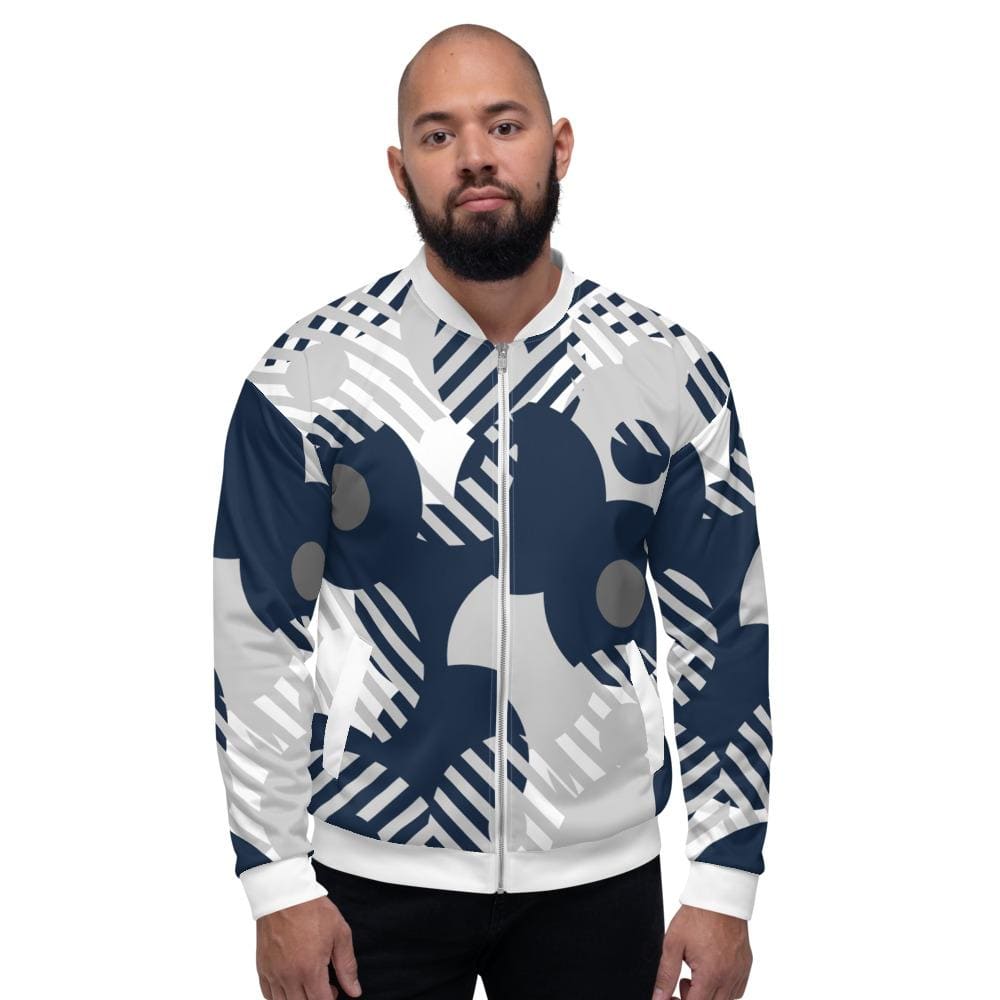 Men's bomber jacket featuring a blue and grey retro geometric pattern, designed for casual and business wear, lightweight and water-resistant.