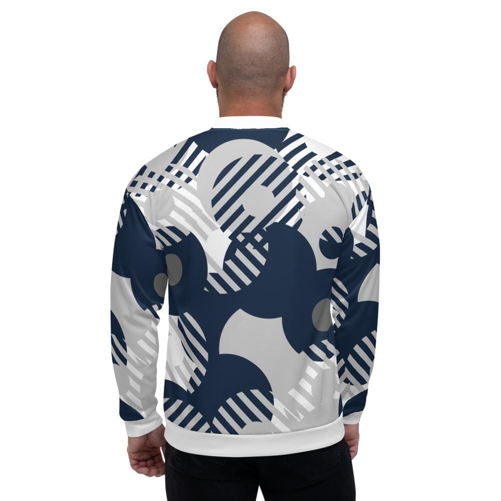 Men's bomber jacket featuring a blue and grey retro geometric pattern, designed for casual and business wear, lightweight and water-resistant.