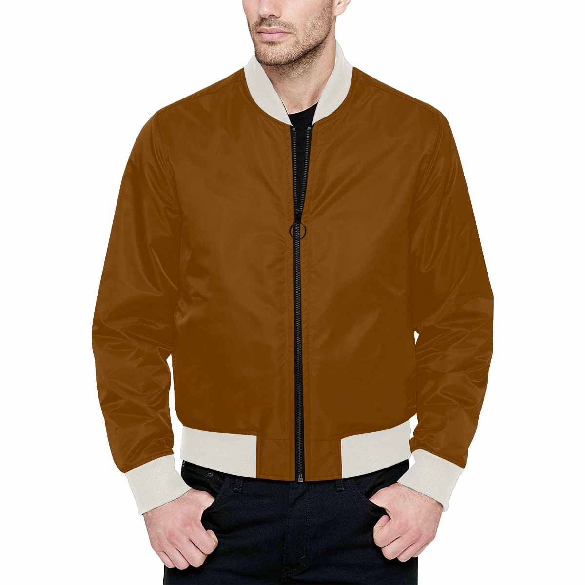 Chocolate brown bomber jacket for men, featuring a lightweight design, silver YKK zipper, and two self-fabric pockets.