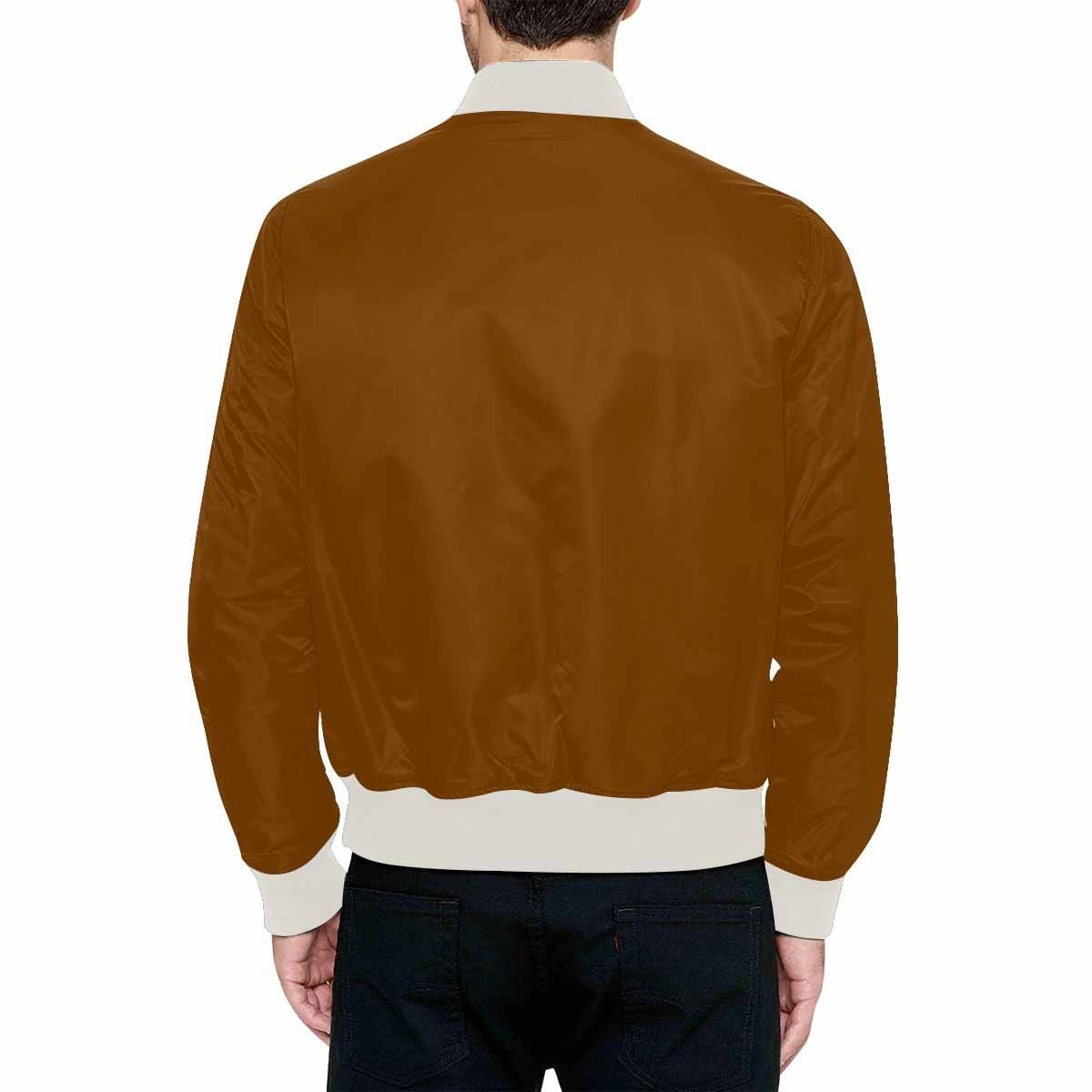 Chocolate brown bomber jacket for men, featuring a lightweight design, silver YKK zipper, and two self-fabric pockets.