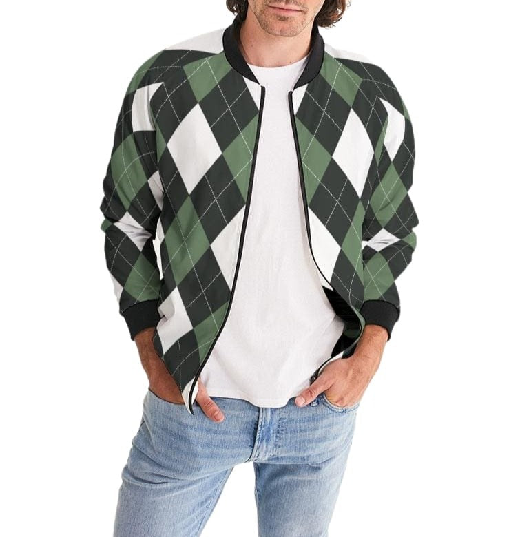 Men's bomber jacket featuring a green and white tartan plaid pattern, lightweight and stylish, perfect for casual and business wear.