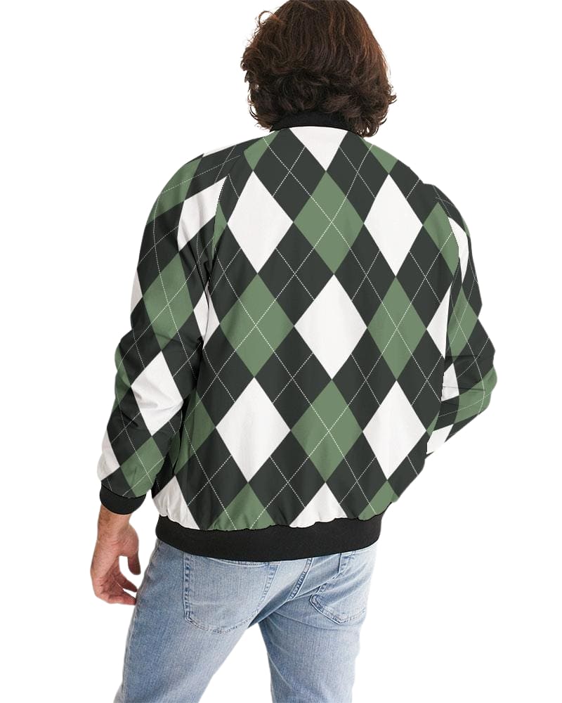 Men's bomber jacket featuring a green and white tartan plaid pattern, lightweight and stylish, perfect for casual and business wear.