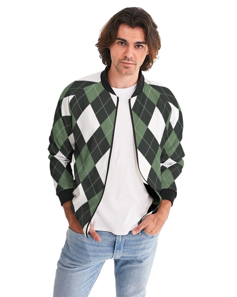 Men's bomber jacket featuring a green and white tartan plaid pattern, lightweight and stylish, perfect for casual and business wear.