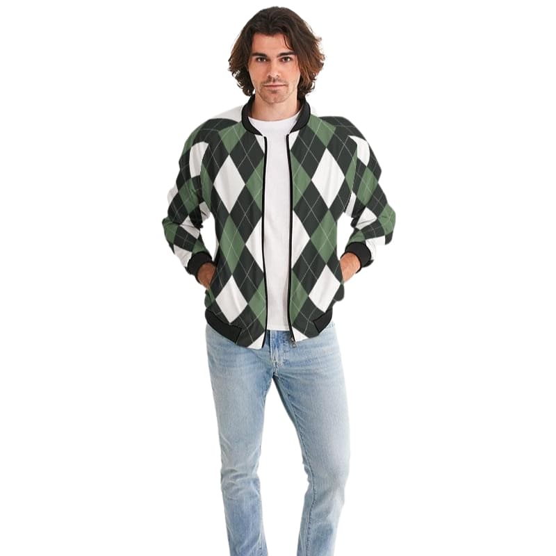 Men's bomber jacket featuring a green and white tartan plaid pattern, lightweight and stylish, perfect for casual and business wear.