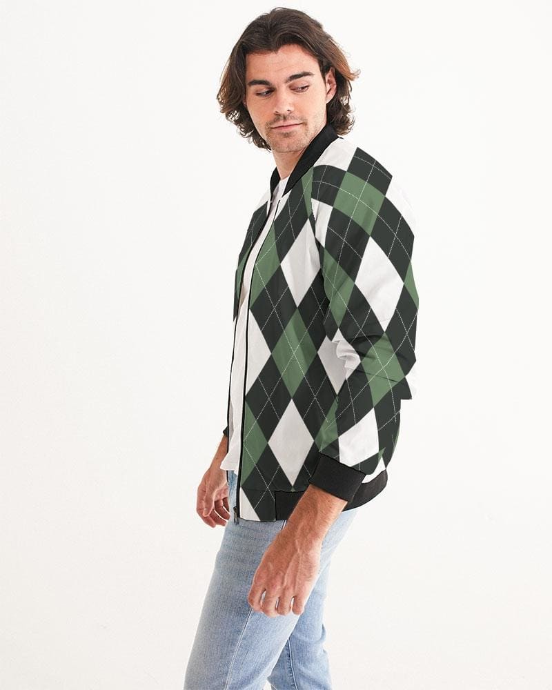 Men's bomber jacket featuring a green and white tartan plaid pattern, lightweight and stylish, perfect for casual and business wear.