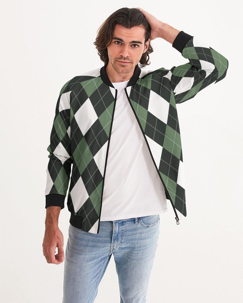 Men's bomber jacket featuring a green and white tartan plaid pattern, lightweight and stylish, perfect for casual and business wear.