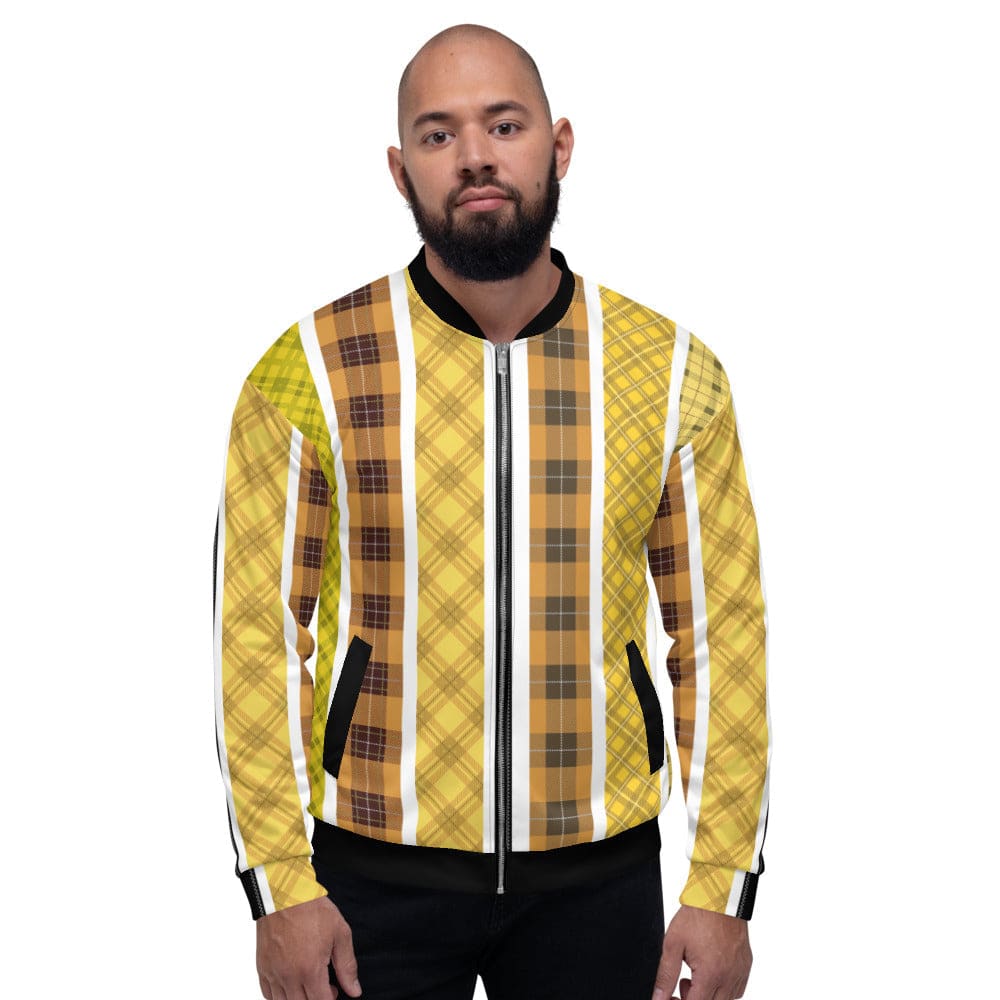 Men's bomber jacket in yellow and black tartan pattern, featuring a zipper and two pockets, perfect for casual and business wear.