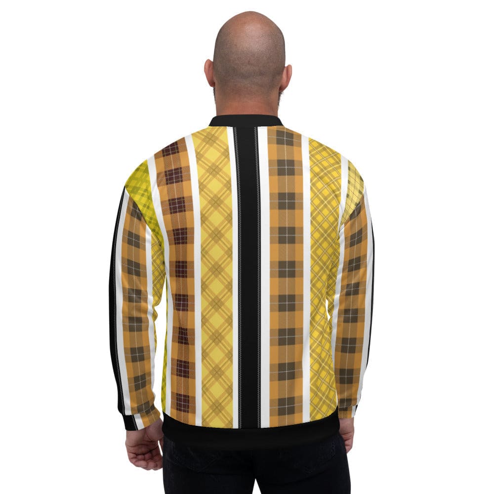 Men's bomber jacket in yellow and black tartan pattern, featuring a zipper and two pockets, perfect for casual and business wear.