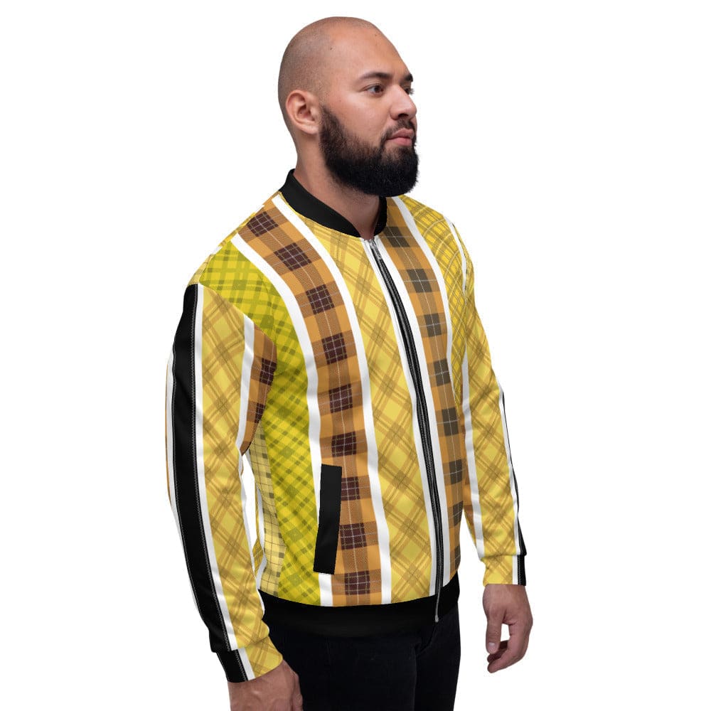 Men's bomber jacket in yellow and black tartan pattern, featuring a zipper and two pockets, perfect for casual and business wear.