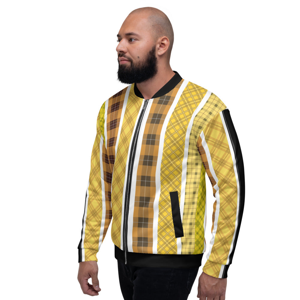 Men's bomber jacket in yellow and black tartan pattern, featuring a zipper and two pockets, perfect for casual and business wear.