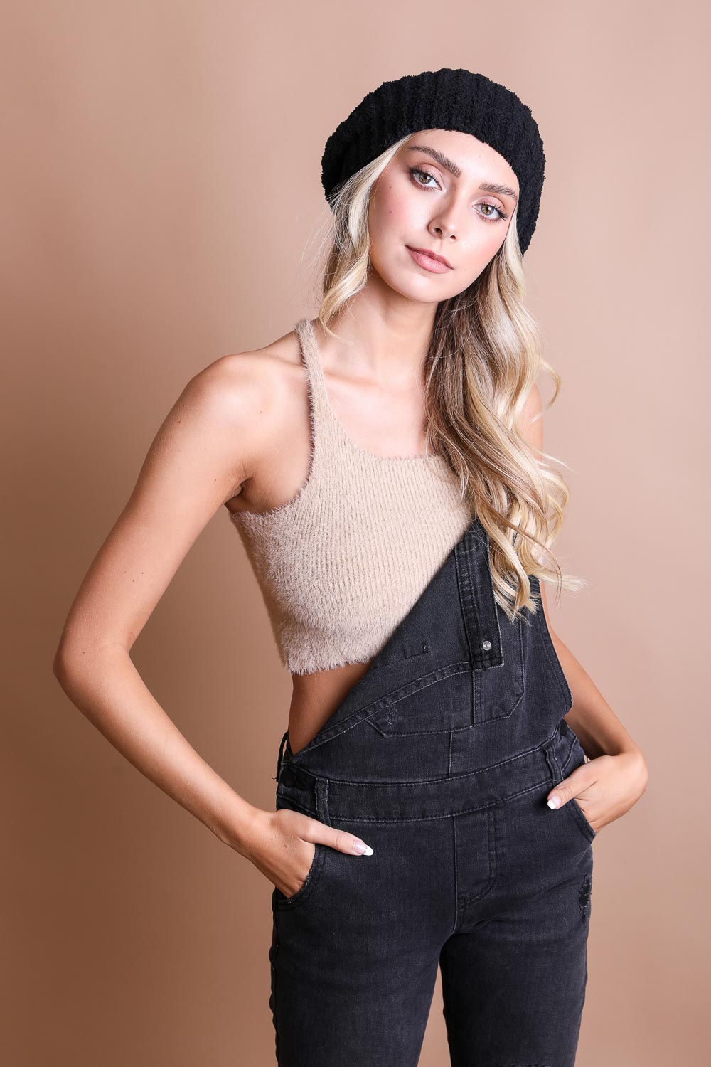 Chic Boucle Rib Knit Beret in stylish design, perfect for winter wear.