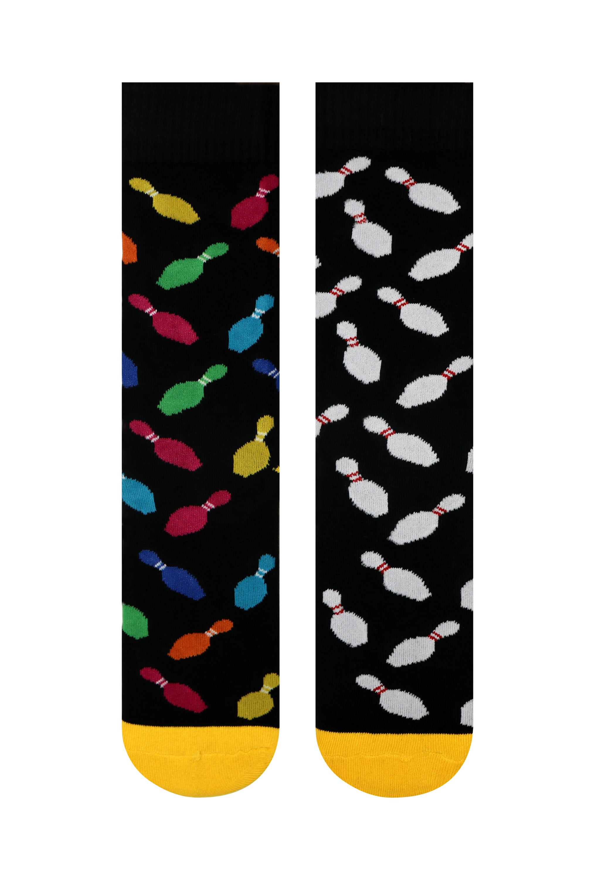 Cosmic Rainbow Crew Socks featuring vibrant neon bowling pin designs on a black background, perfect for bowling enthusiasts.