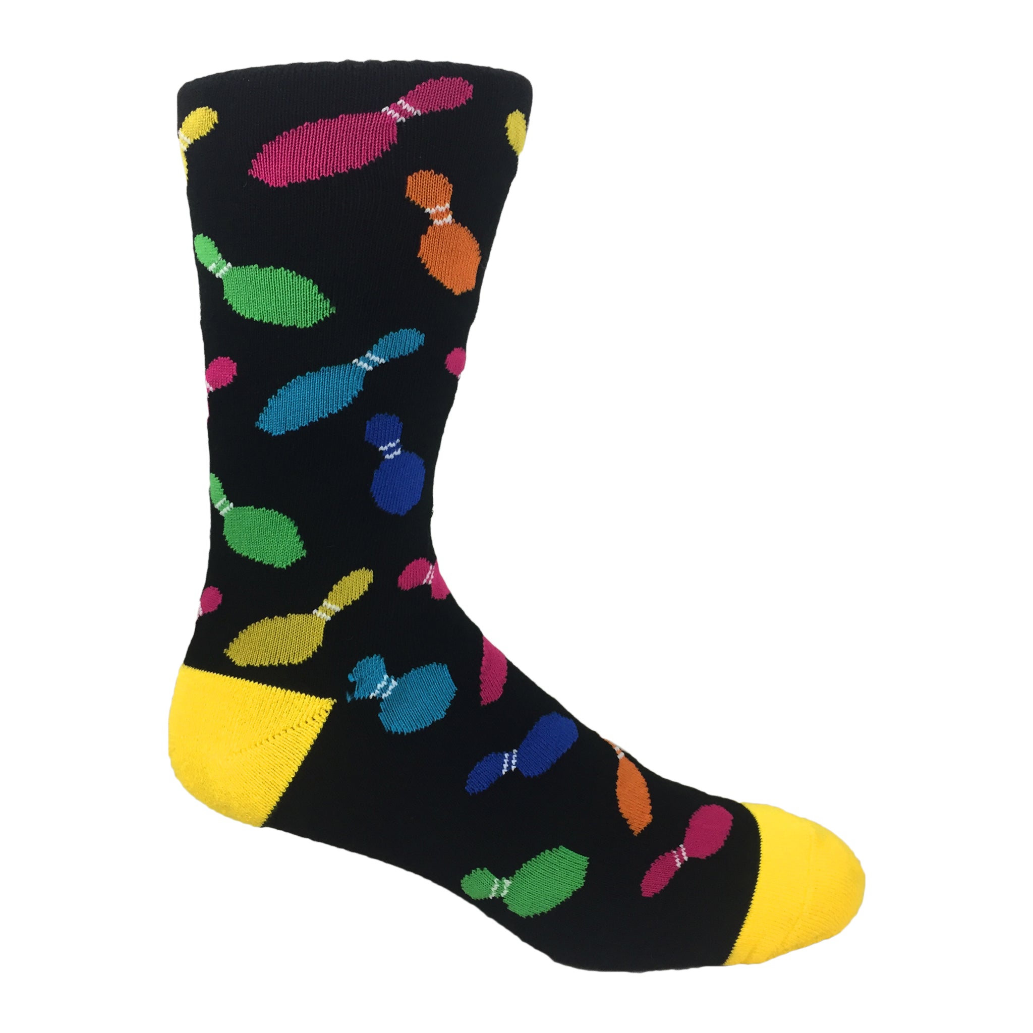 Cosmic Rainbow Crew Socks featuring vibrant neon bowling pin designs on a black background, perfect for bowling enthusiasts.