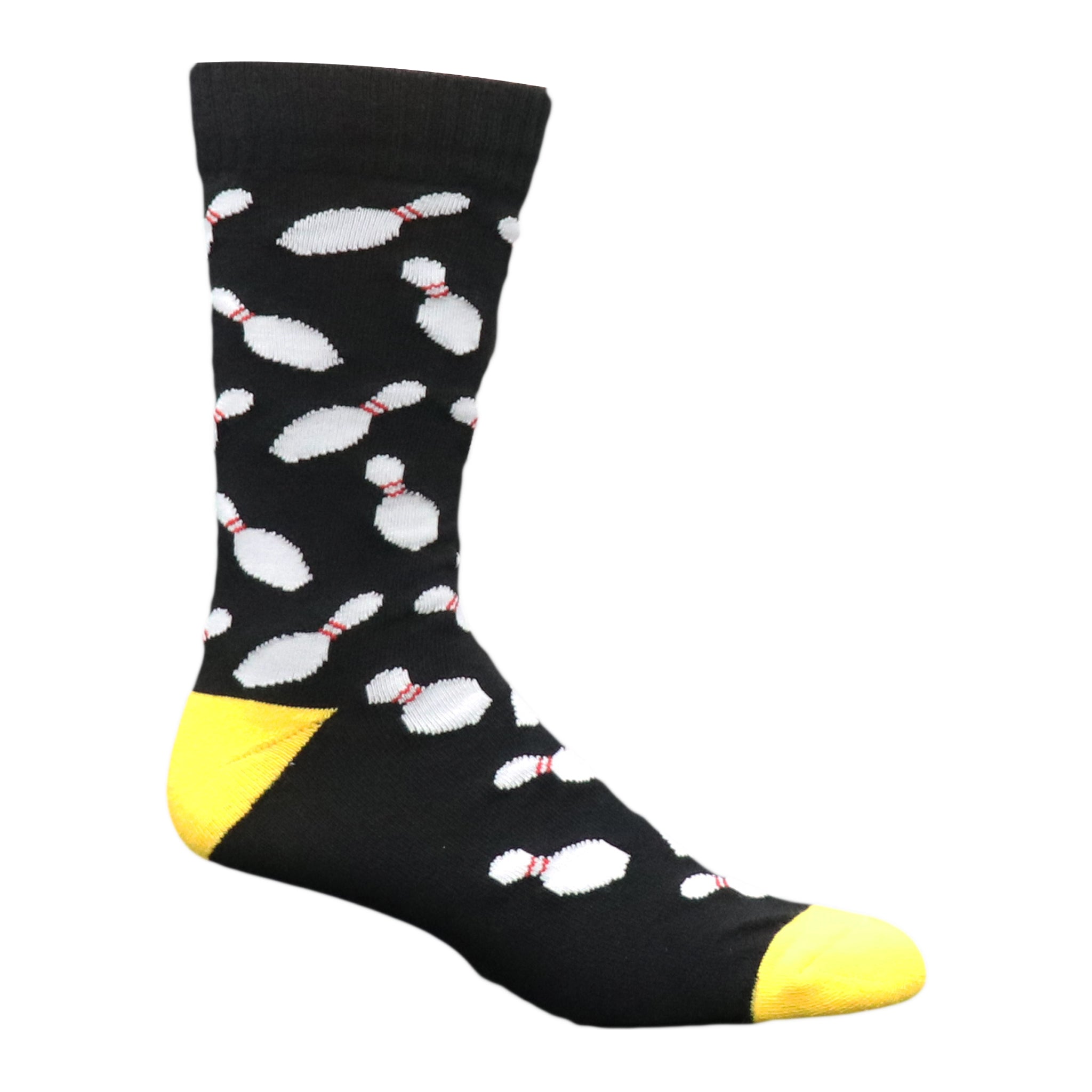 Cosmic Rainbow Crew Socks featuring vibrant neon bowling pin designs on a black background, perfect for bowling enthusiasts.