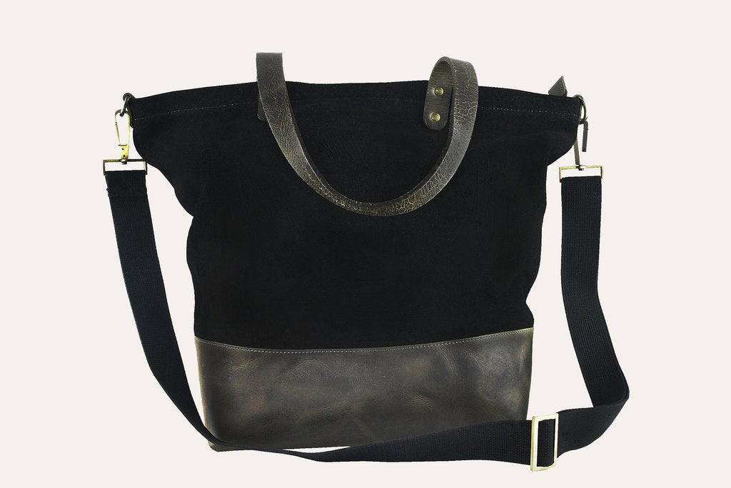 Stylish Boyfriend Tote Canvas featuring genuine leather bottom and spacious interior pockets, perfect for everyday use.