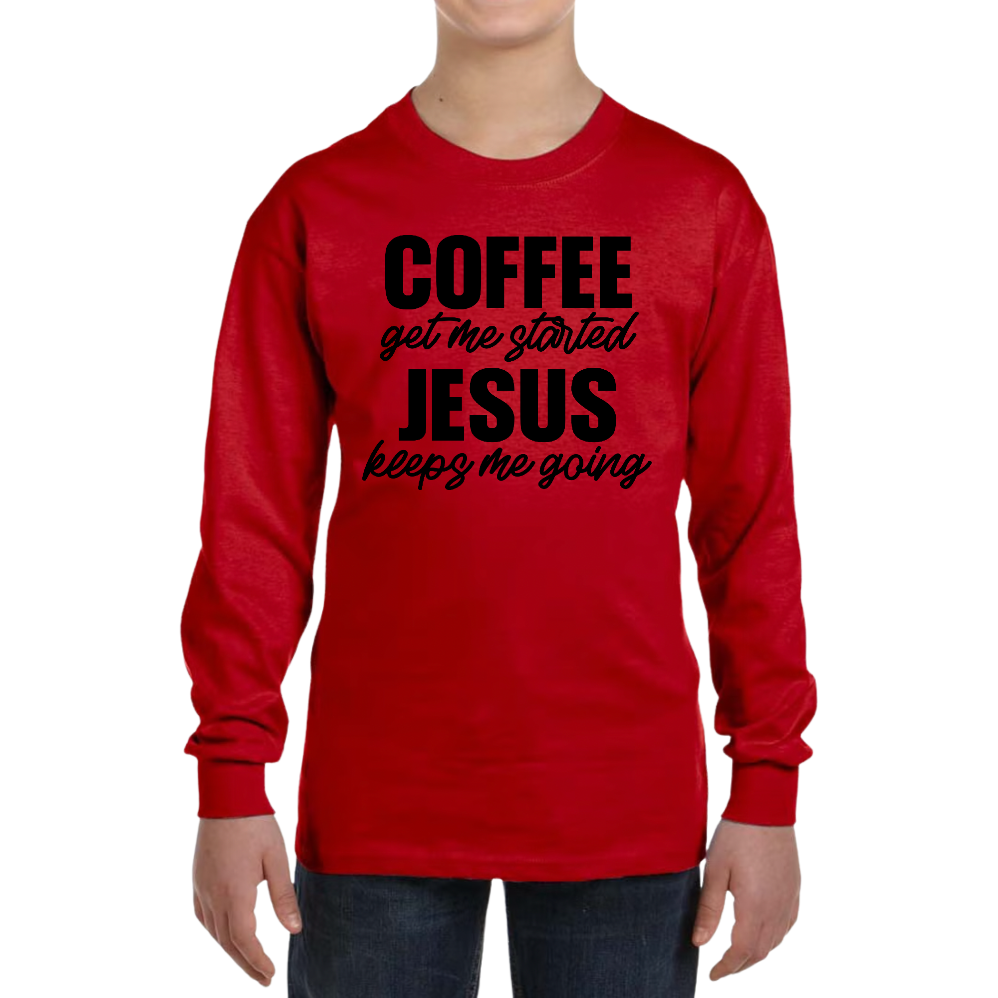 Boys Long Sleeve T-Shirt in soft cotton featuring a motivational graphic design with the text 'Coffee Get Me Started, Jesus Keeps Me Going'.