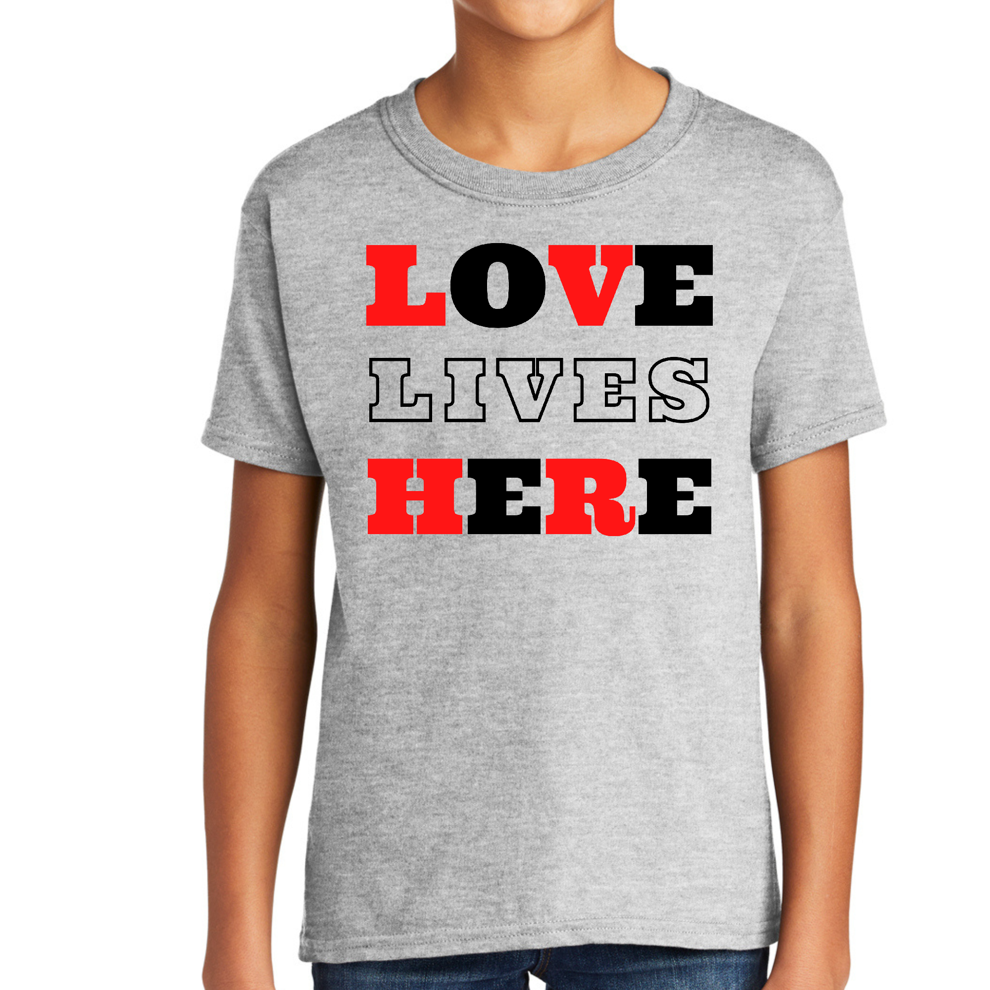 Boys Short Sleeve T-Shirt with Love Lives Here Christian design, showcasing soft cotton fabric and unisex fit.