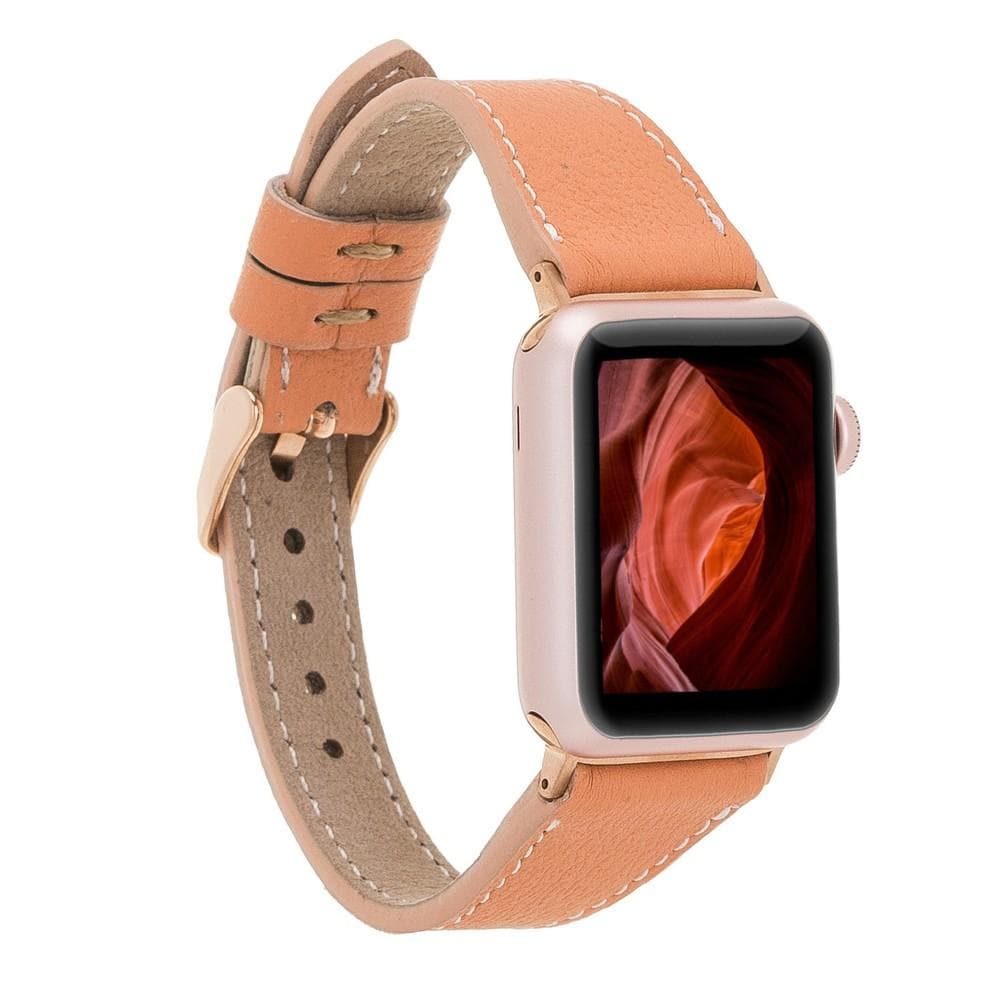 Bradford Classic Slim Apple Watch Leather Strap in premium full-grain leather with stainless steel buckle, showcasing its elegant design.