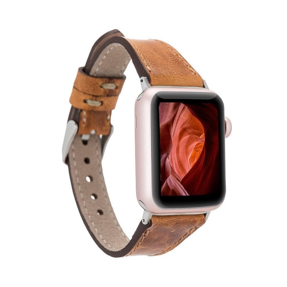 Bradford Classic Slim Apple Watch Leather Strap in premium full-grain leather with stainless steel buckle, showcasing its elegant design.