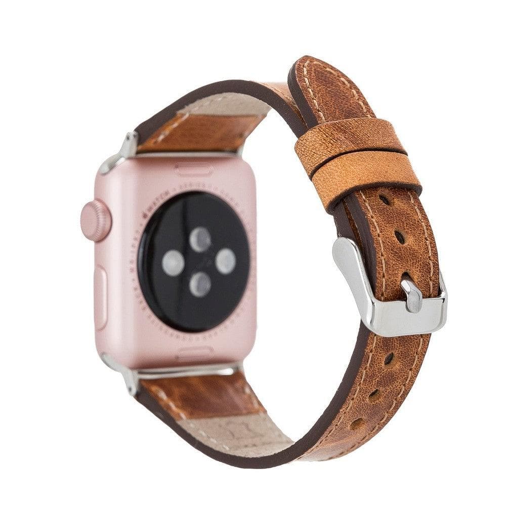 Bradford Classic Slim Apple Watch Leather Strap in premium full-grain leather with stainless steel buckle, showcasing its elegant design.