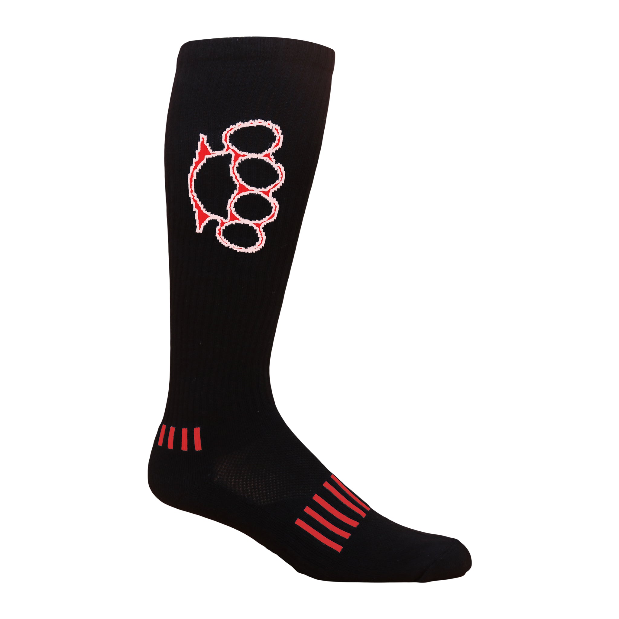 Brass Knuckles Knee High Socks featuring a black and pink design, showcasing a unique brass knuckles graphic.