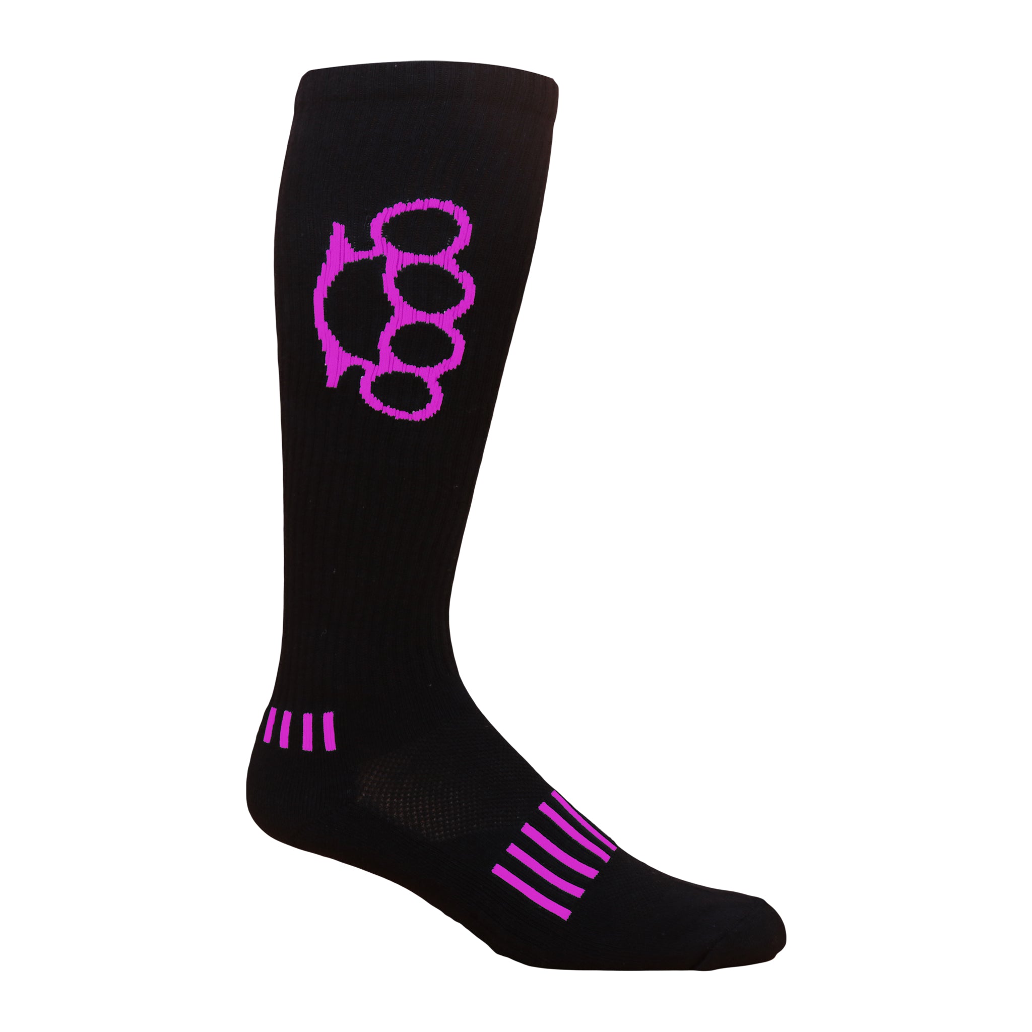 Brass Knuckles Knee High Socks featuring a black and pink design, showcasing a unique brass knuckles graphic.