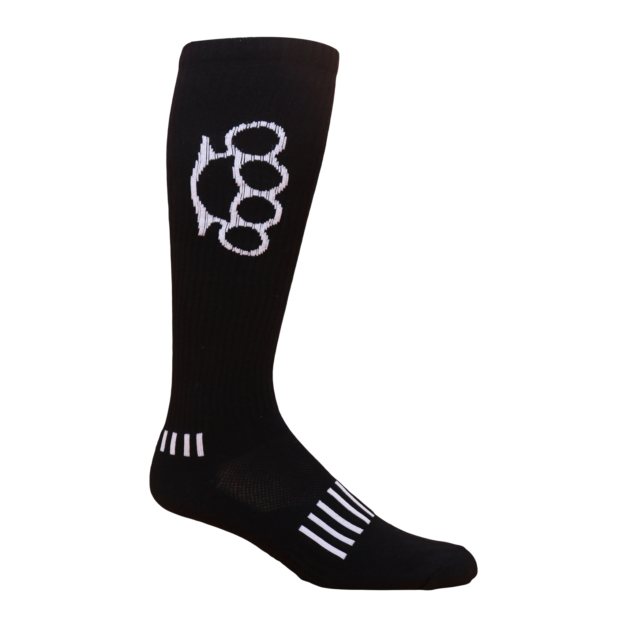 Brass Knuckles Knee High Socks featuring a black and pink design, showcasing a unique brass knuckles graphic.