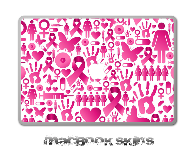 Breast Cancer Awareness V2 Skin for MacBook, featuring a vibrant design and Apple logo cutout, available for 11, 13, or 15 inches.