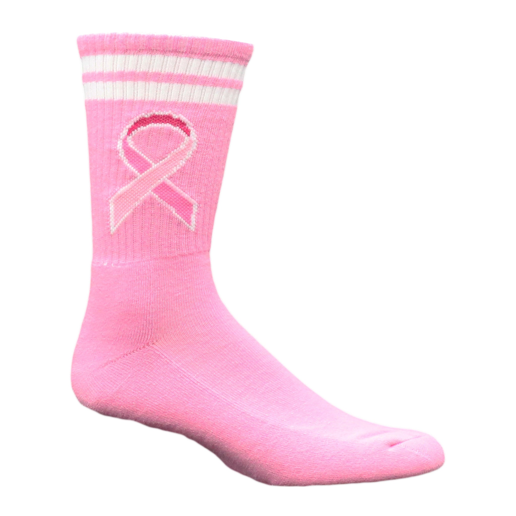 A pair of Breast Cancer Ribbon Crew Socks featuring a pink body and breast cancer ribbon design, perfect for raising awareness.