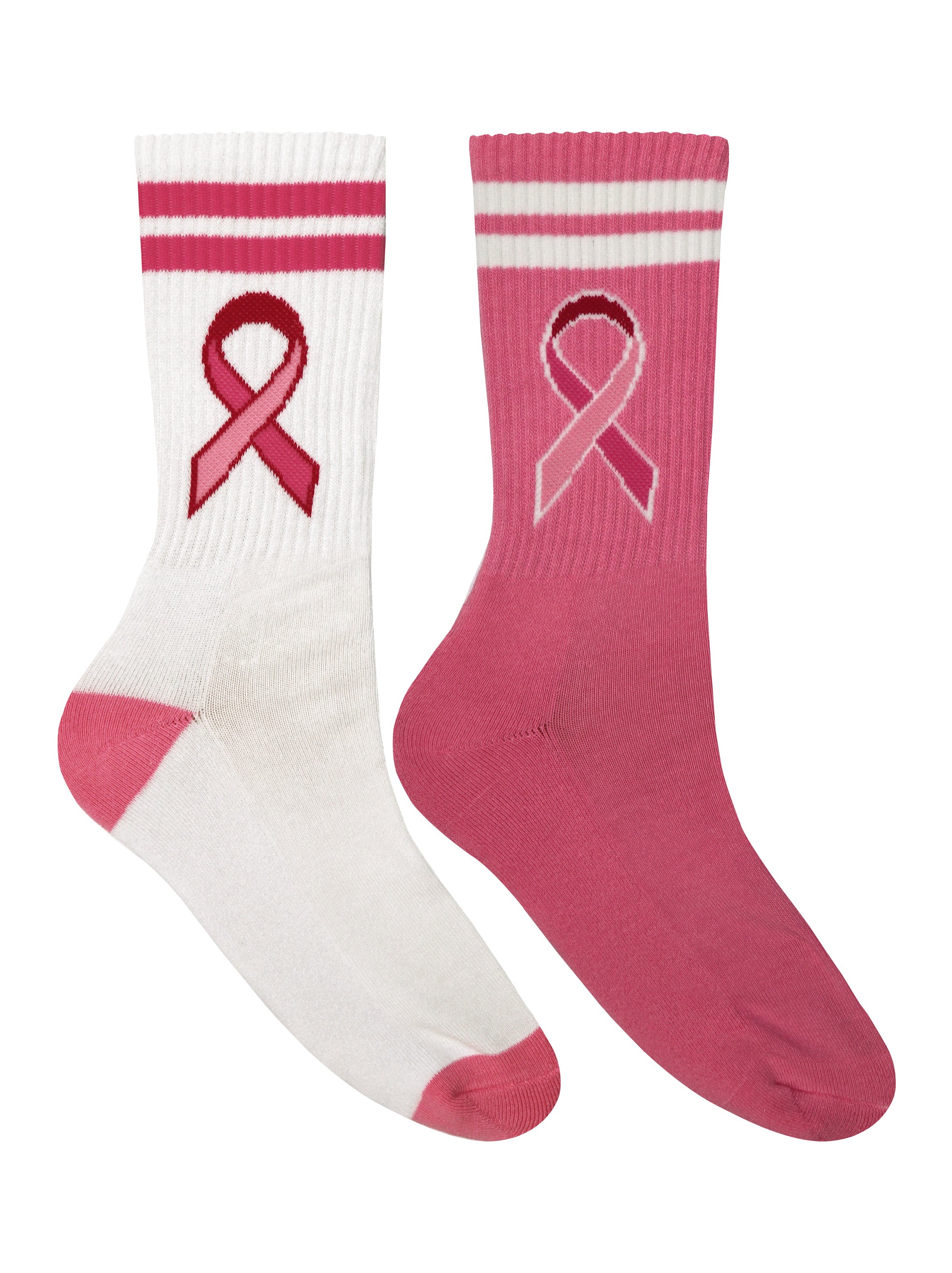 A pair of Breast Cancer Ribbon Crew Socks featuring a pink body and breast cancer ribbon design, perfect for raising awareness.