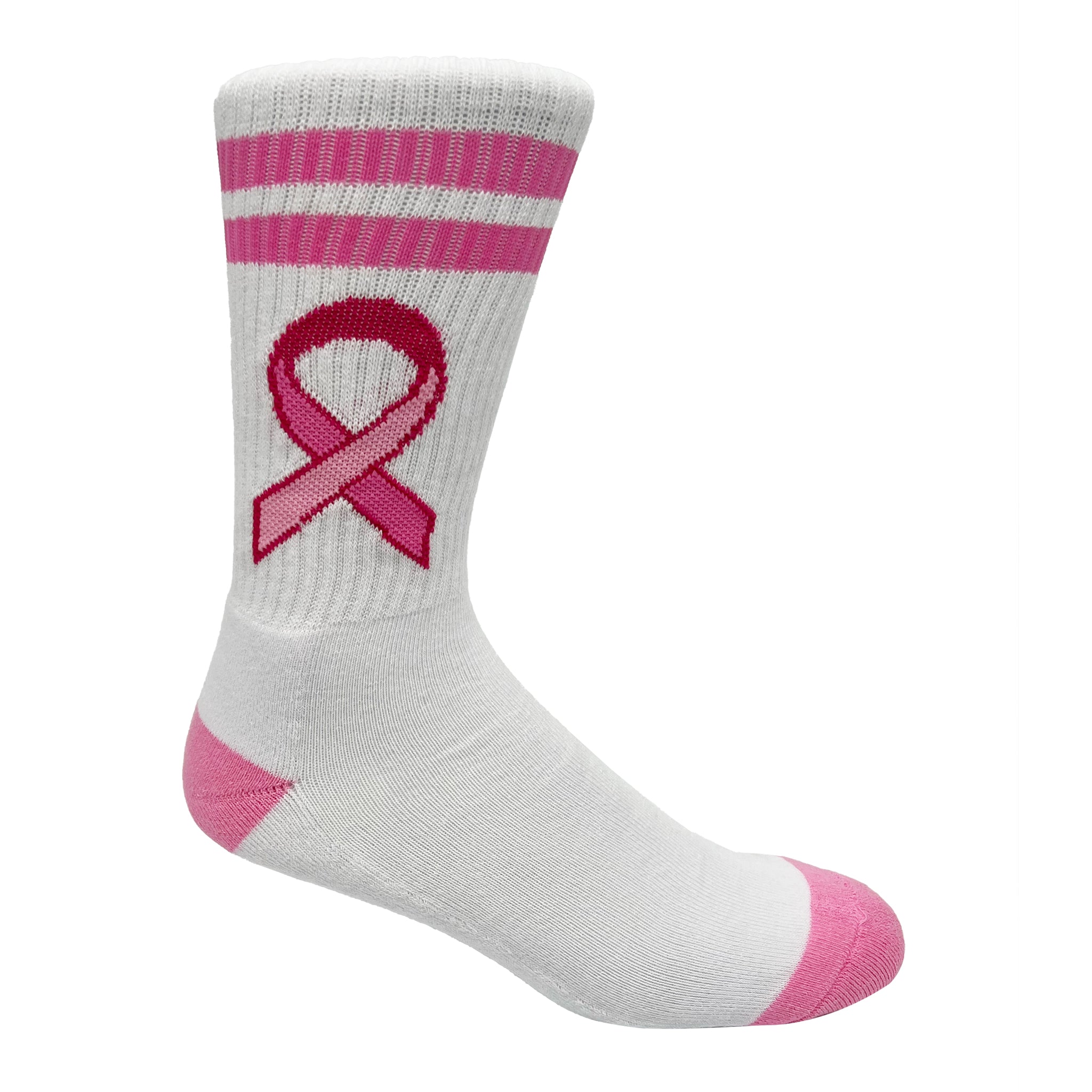 A pair of Breast Cancer Ribbon Crew Socks featuring a pink body and breast cancer ribbon design, perfect for raising awareness.