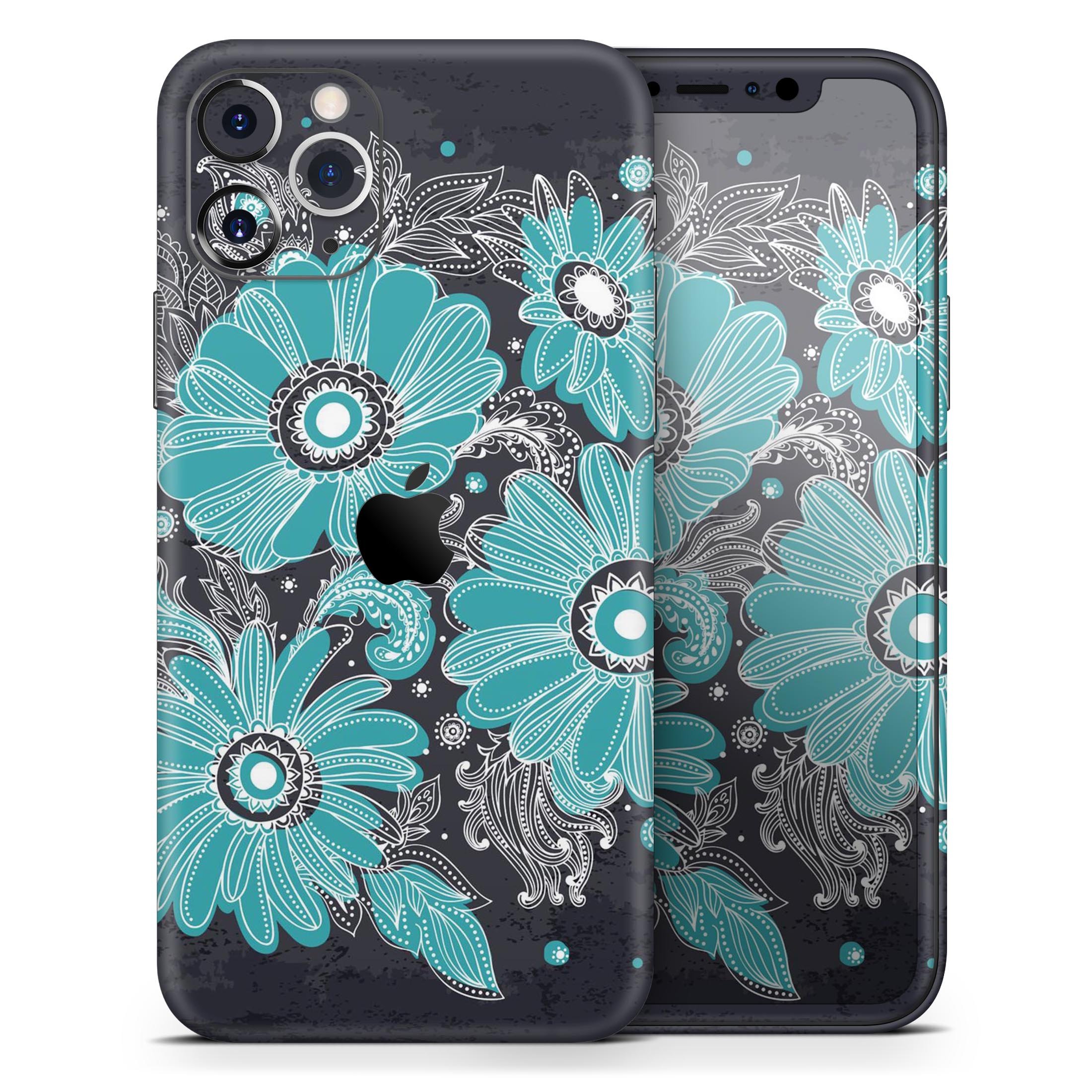 Bright Blue Accented Flower Illustration Skin-Kit for iPhone 11, showcasing vibrant floral design on premium vinyl material.