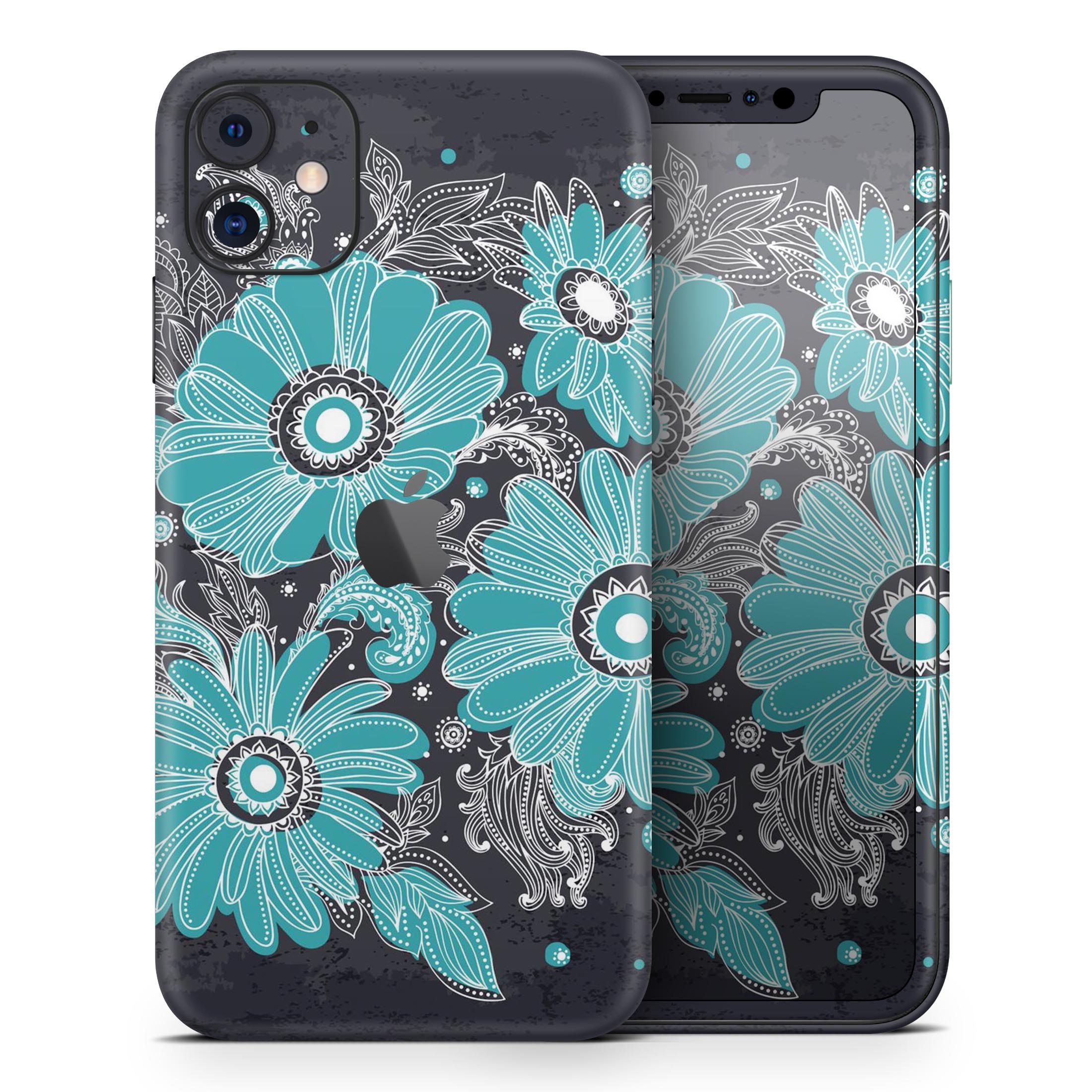 Bright Blue Accented Flower Illustration Skin-Kit for iPhone 11, showcasing vibrant floral design on premium vinyl material.