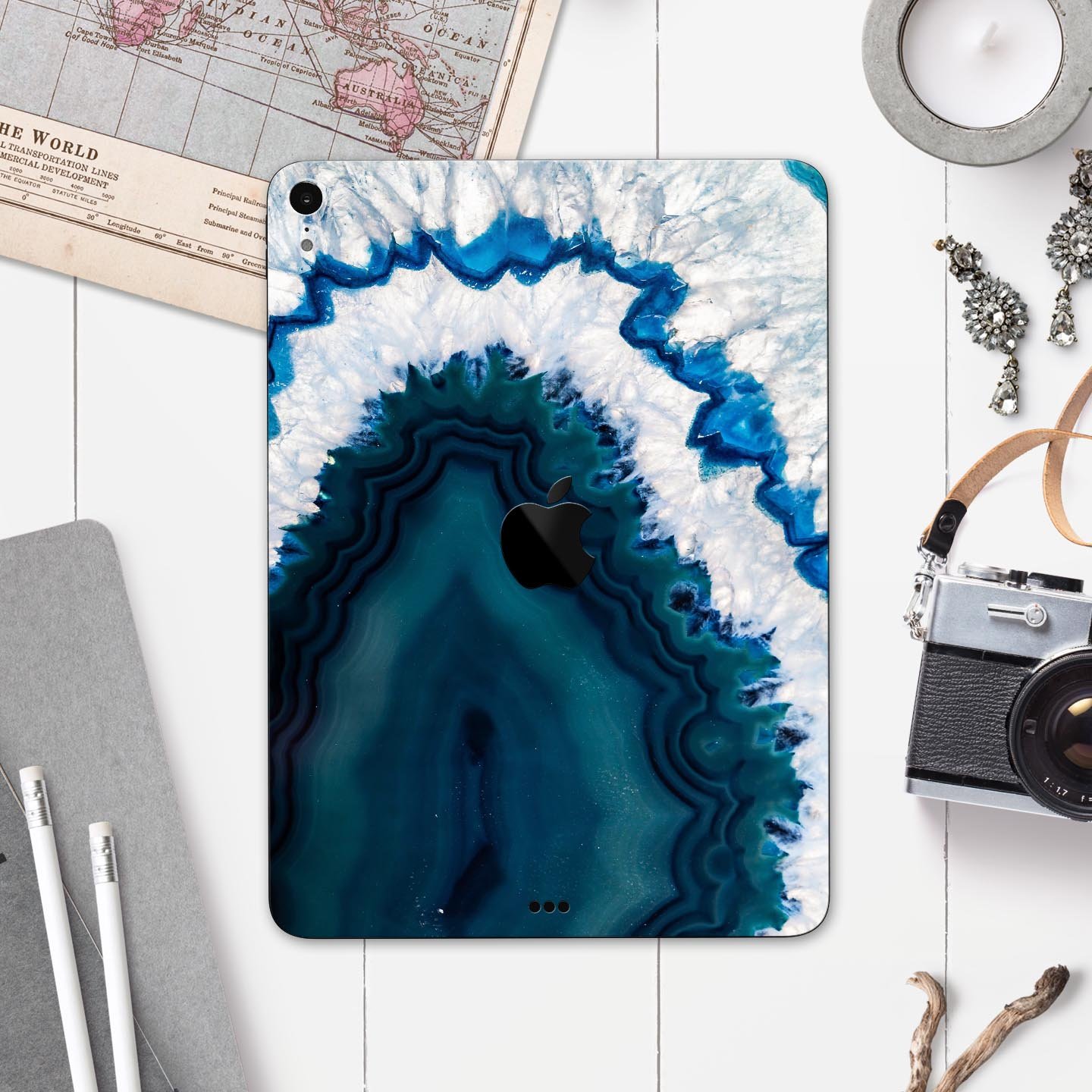 Bright Blue Agate Slice skin decal for Apple iPad Pro, showcasing vibrant blue and natural stone patterns.