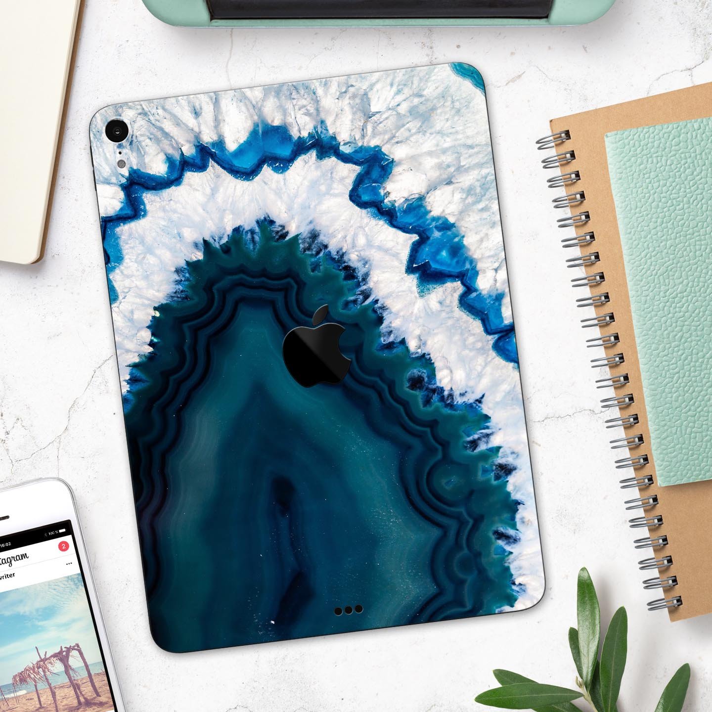 Bright Blue Agate Slice skin decal for Apple iPad Pro, showcasing vibrant blue and natural stone patterns.