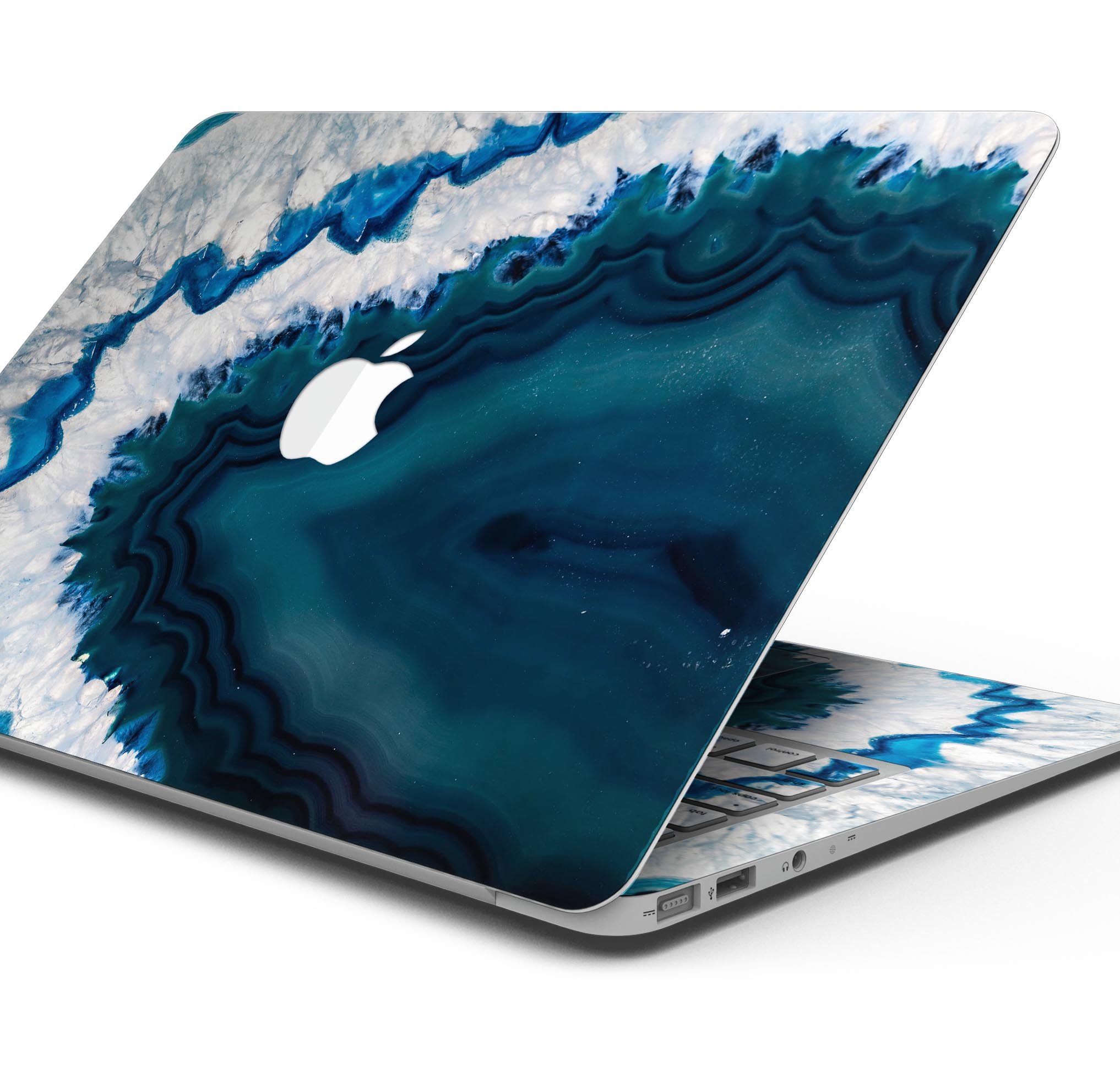 Bright Blue Agate Slice skin decal wrap kit for MacBook, showcasing vibrant blue and white agate design with a smooth finish.