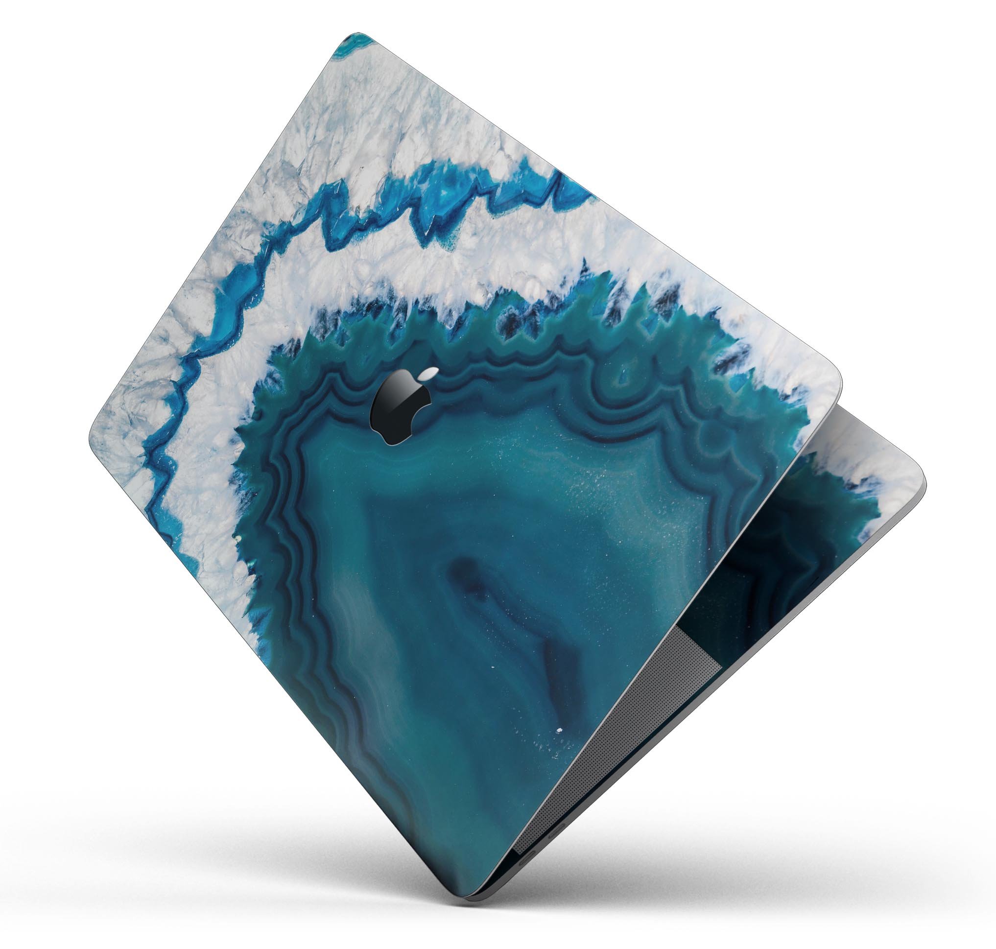 Bright Blue Agate Slice skin decal wrap kit for MacBook, showcasing vibrant blue and white agate design with a smooth finish.