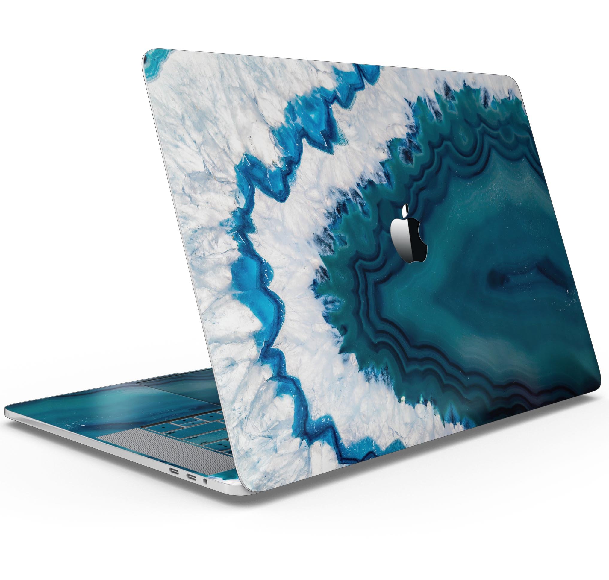 Bright Blue Agate Slice skin decal wrap kit for MacBook, showcasing vibrant blue and white agate design with a smooth finish.