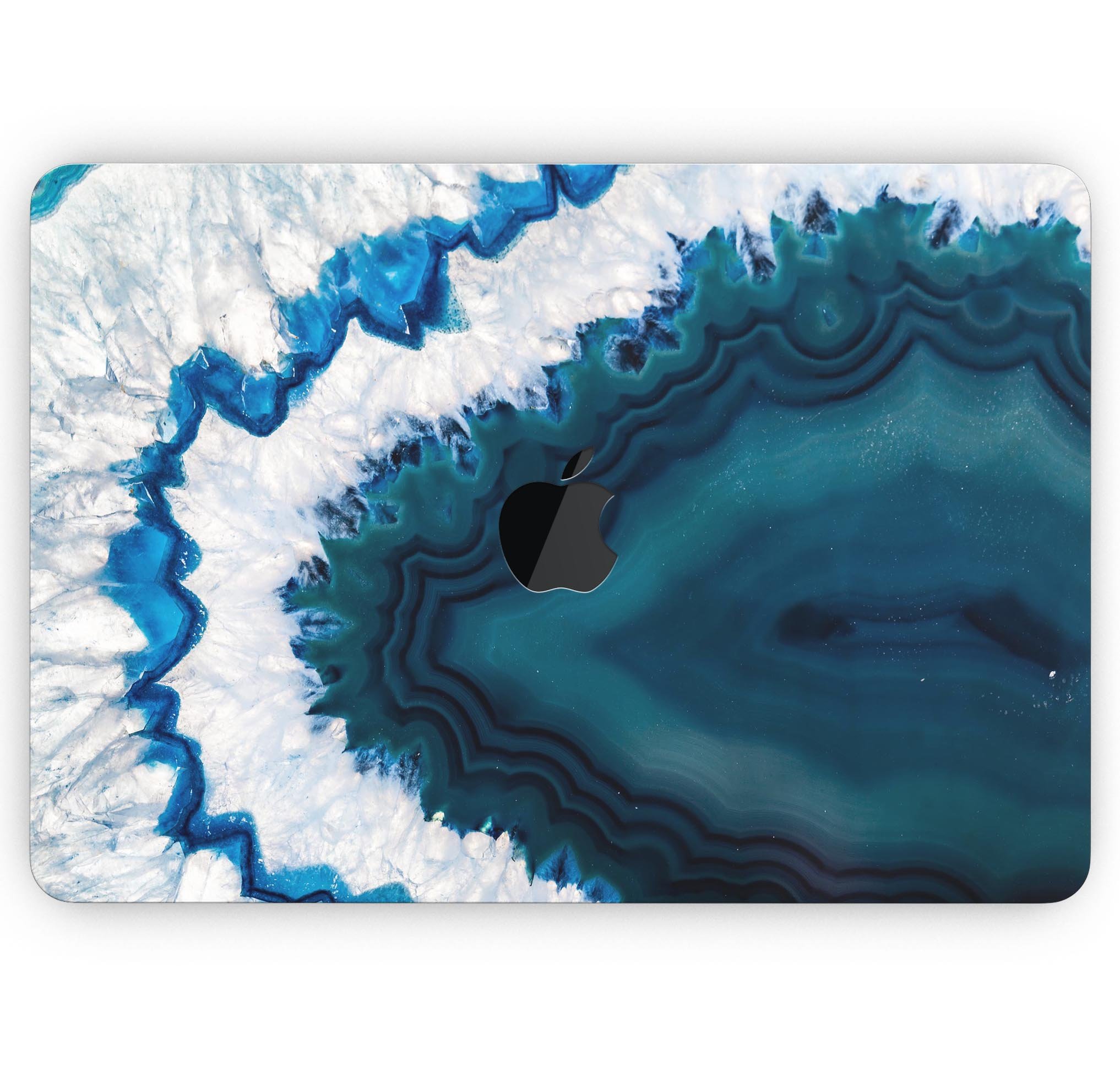 Bright Blue Agate Slice skin decal wrap kit for MacBook, showcasing vibrant blue and white agate design with a smooth finish.