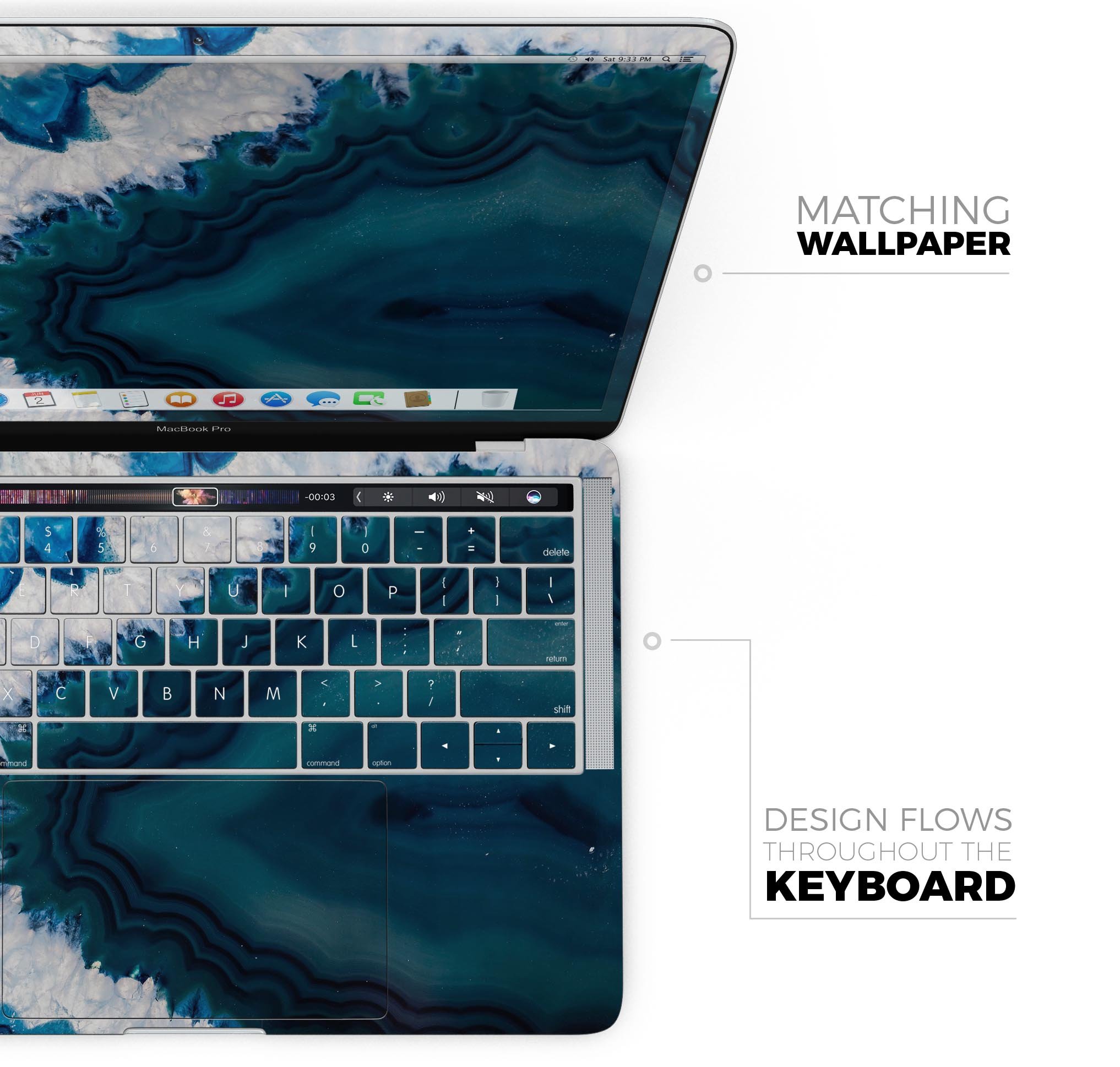 Bright Blue Agate Slice skin decal wrap kit for MacBook, showcasing vibrant blue and white agate design with a smooth finish.