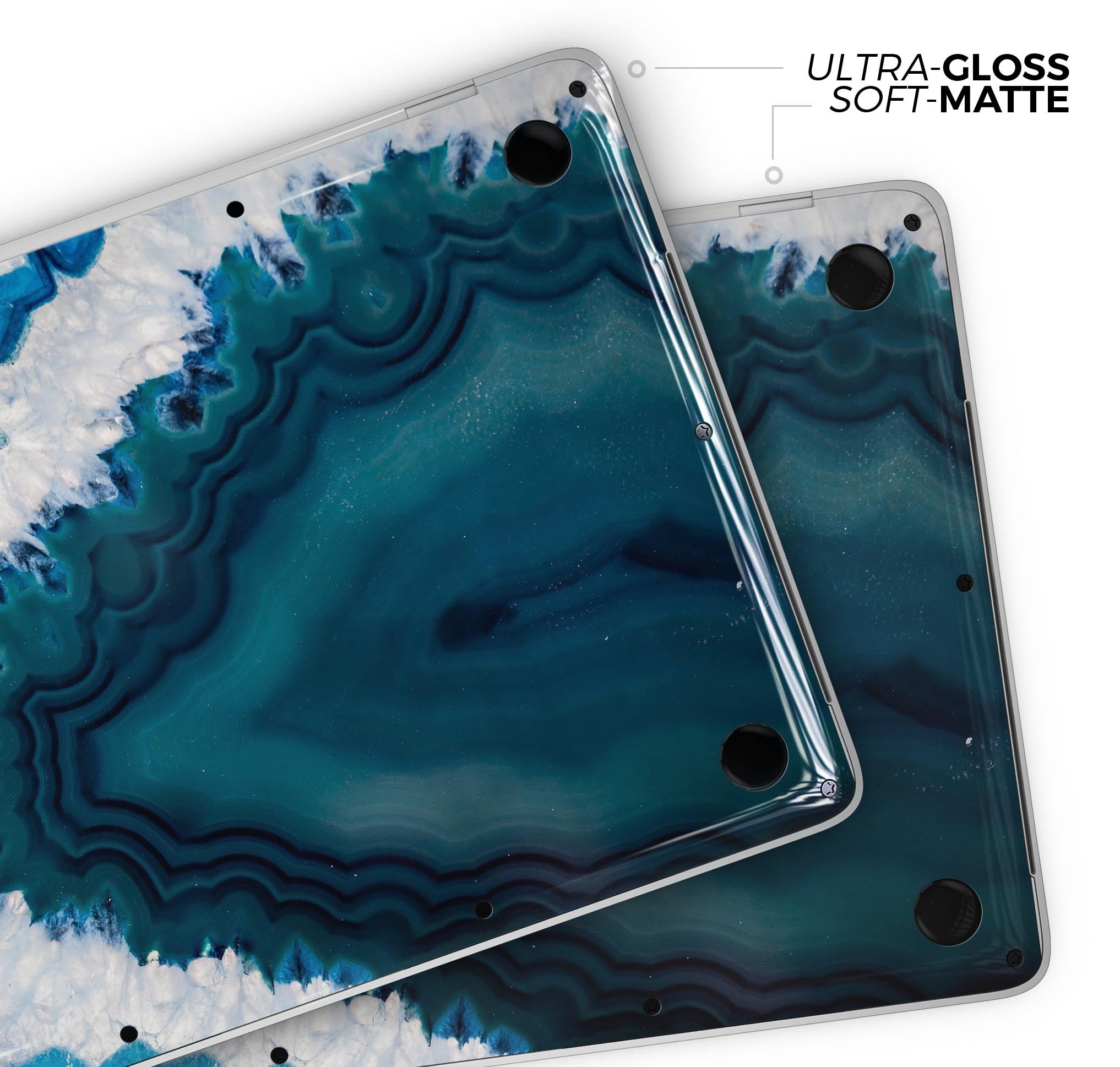 Bright Blue Agate Slice skin decal wrap kit for MacBook, showcasing vibrant blue and white agate design with a smooth finish.