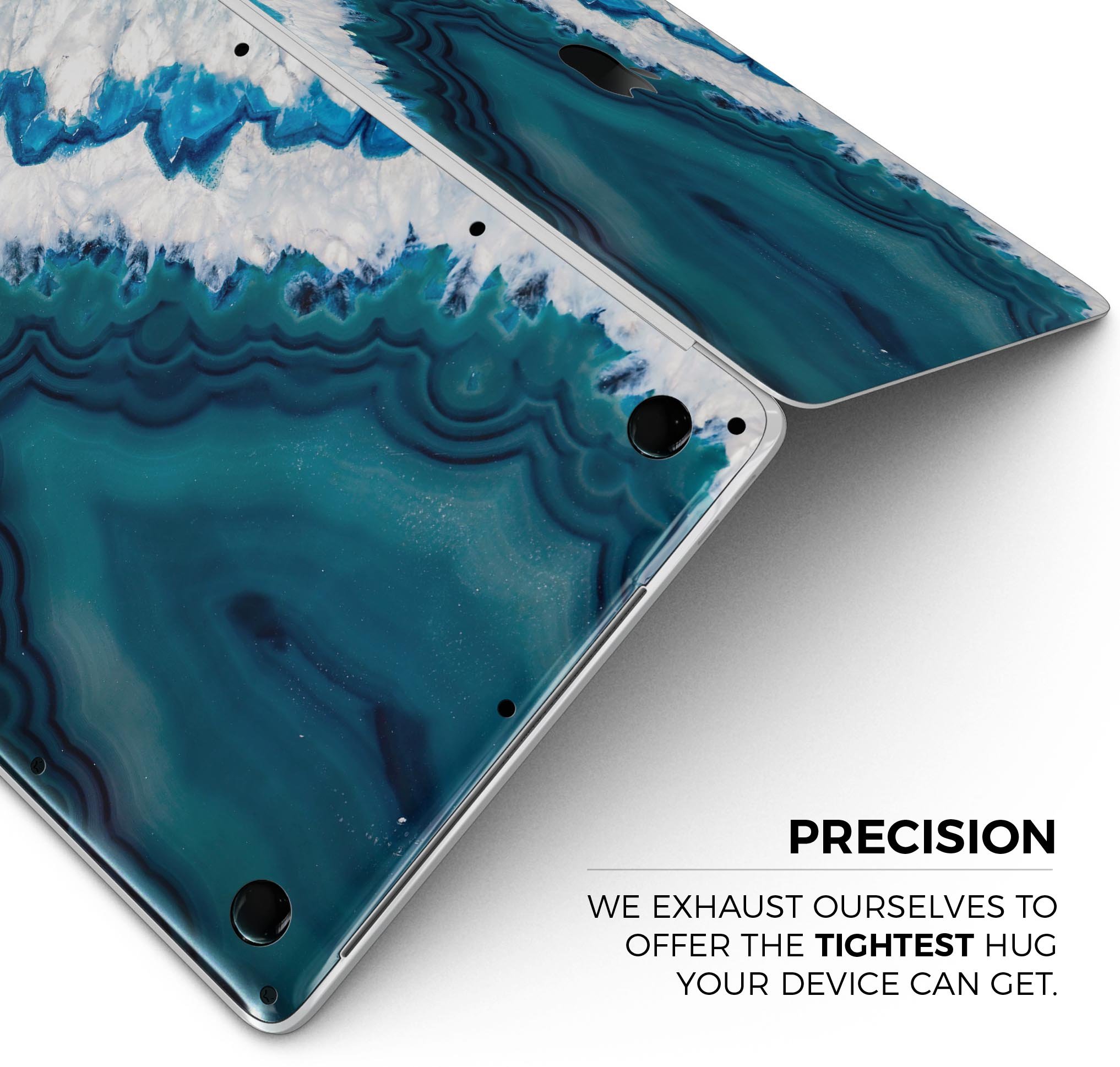 Bright Blue Agate Slice skin decal wrap kit for MacBook, showcasing vibrant blue and white agate design with a smooth finish.