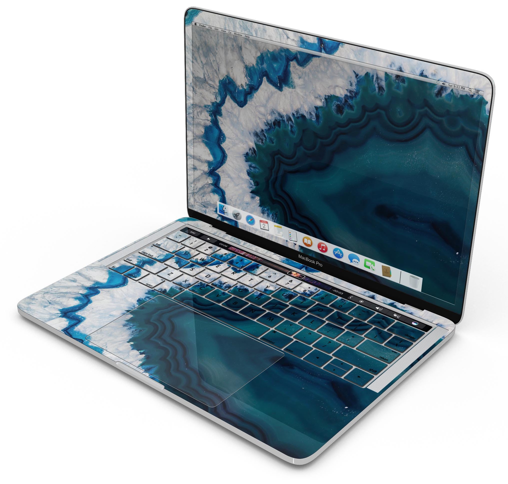 Bright Blue Agate Slice skin decal wrap kit for MacBook, showcasing vibrant blue and white agate design with a smooth finish.