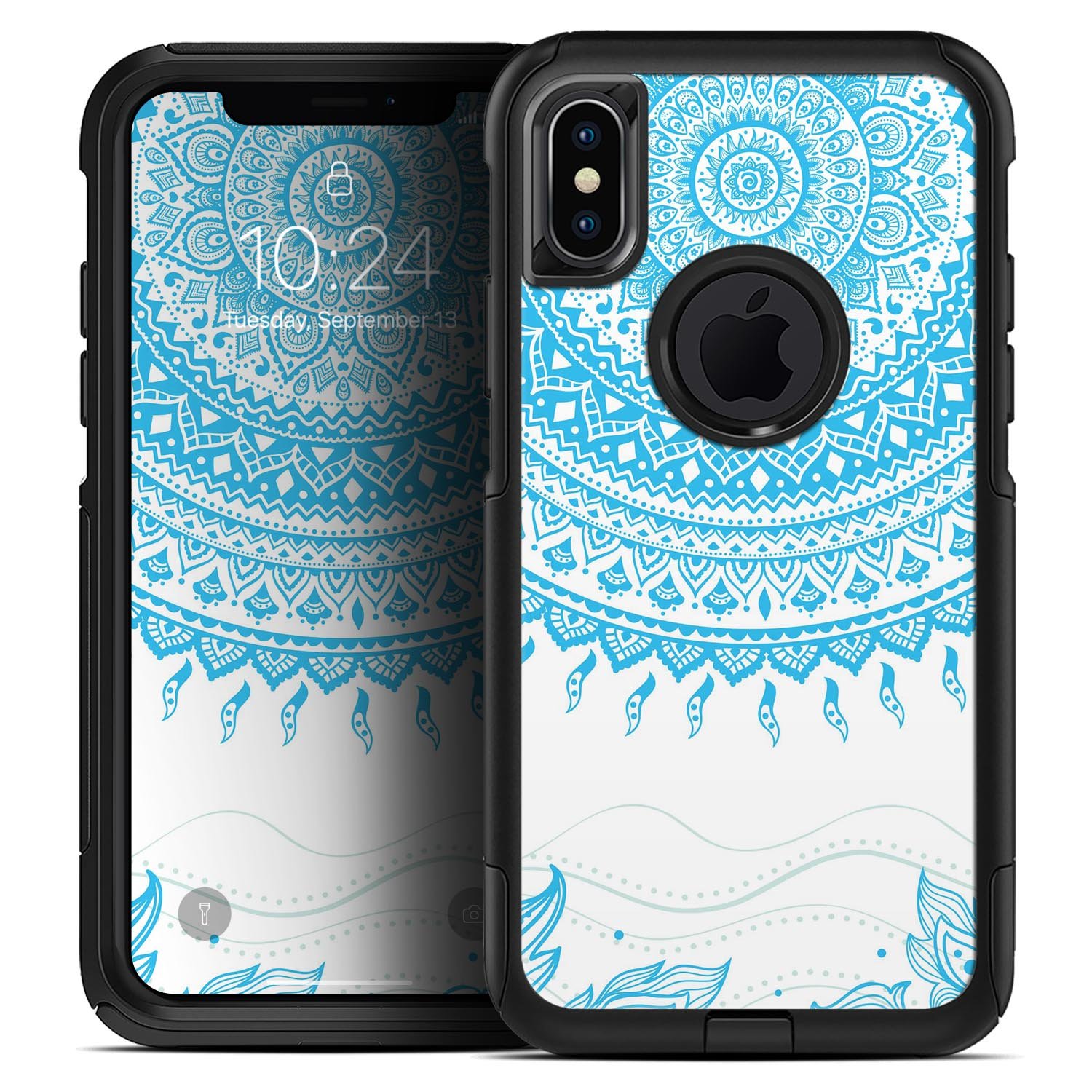 Bright Blue Circle Mandala skin kit for iPhone OtterBox cases, showcasing vibrant blue mandala design on a sleek surface.