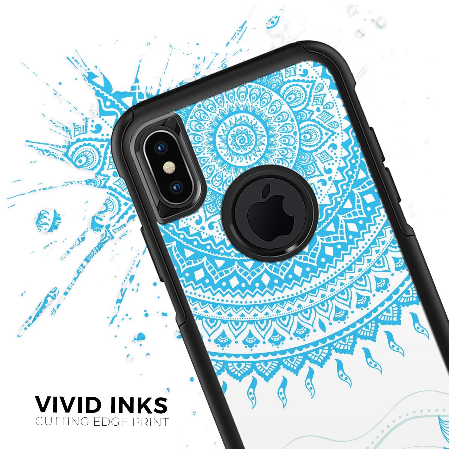 Bright Blue Circle Mandala skin kit for iPhone OtterBox cases, showcasing vibrant blue mandala design on a sleek surface.