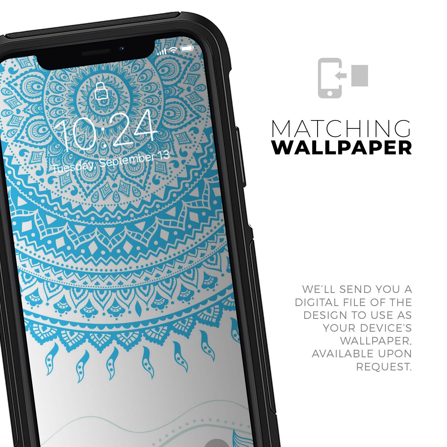 Bright Blue Circle Mandala skin kit for iPhone OtterBox cases, showcasing vibrant blue mandala design on a sleek surface.